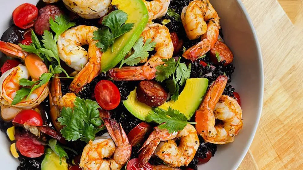 Black Rice Salad with Chorizo &amp; Prawns | Tefal Recipe