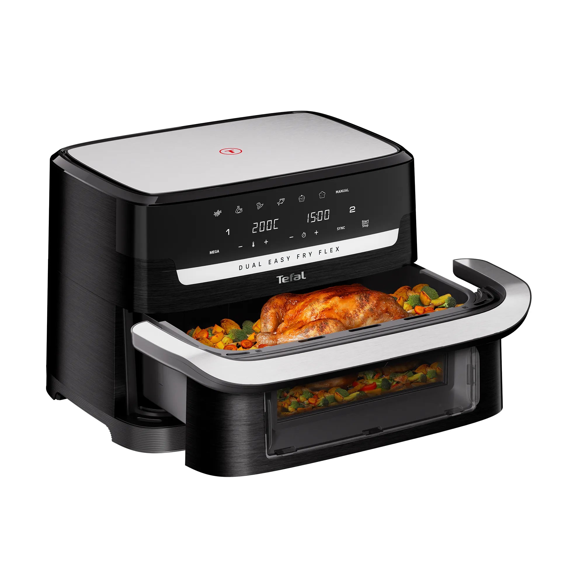 Tefal Dual Easy Fry Flex Black Air Fryer EY9228 side view cooking whole chicken