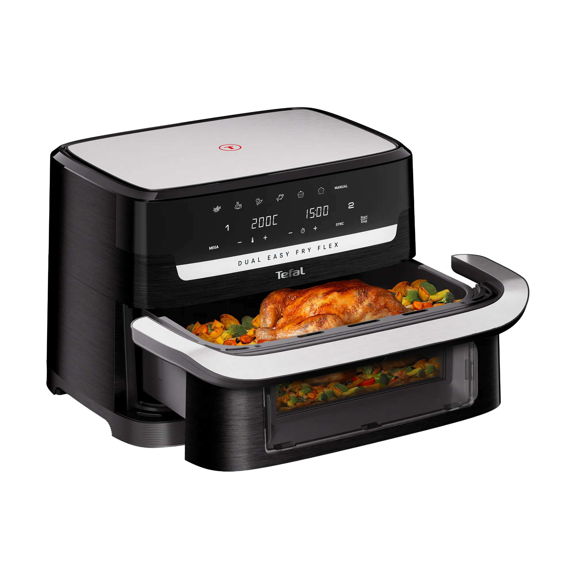 Tefal Dual Easy Fry Flex Black Air Fryer EY9228 side view cooking whole chicken