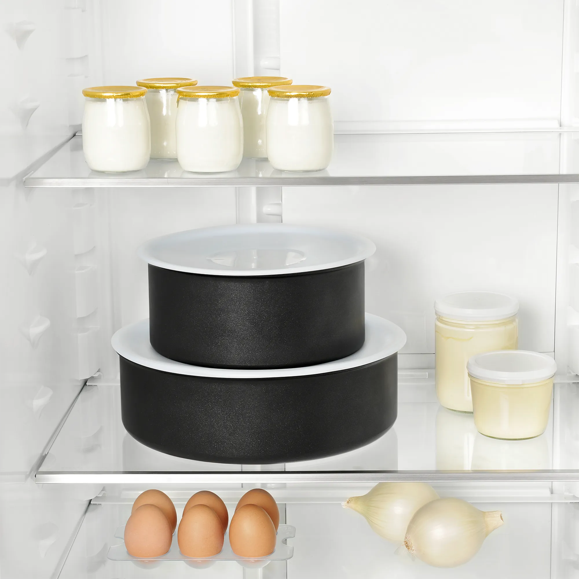 Tefal Ingenio Accessory - Set of 3 Plastic Lids - L9019222 in use on pots in fridge