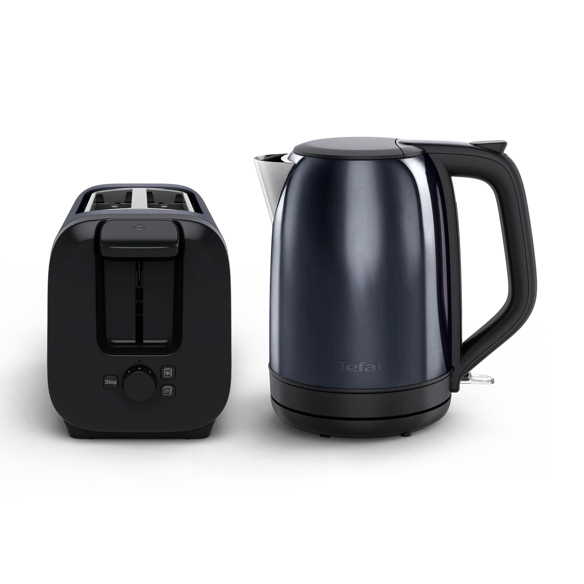 Tefal Subito Black Knight Stainless Steel Toaster & Kettle Breakfast Set TT5SAN front view