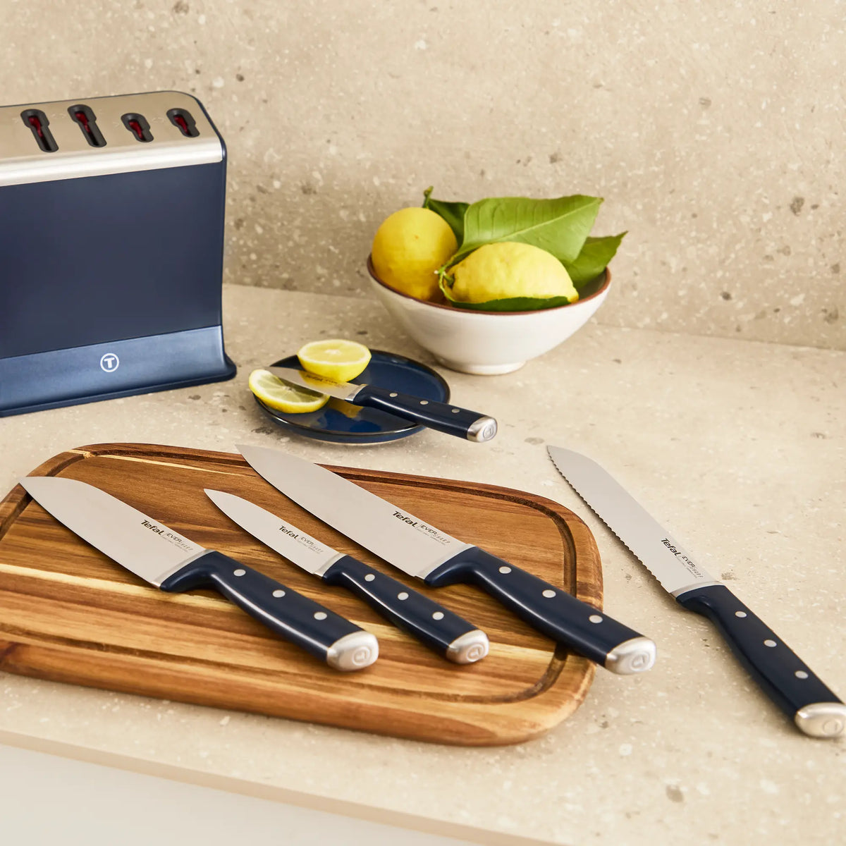Tefal Eversharp Pro Knife Block 5pc Set + Block with Integrated Sharpener - Knives on kitchen bench