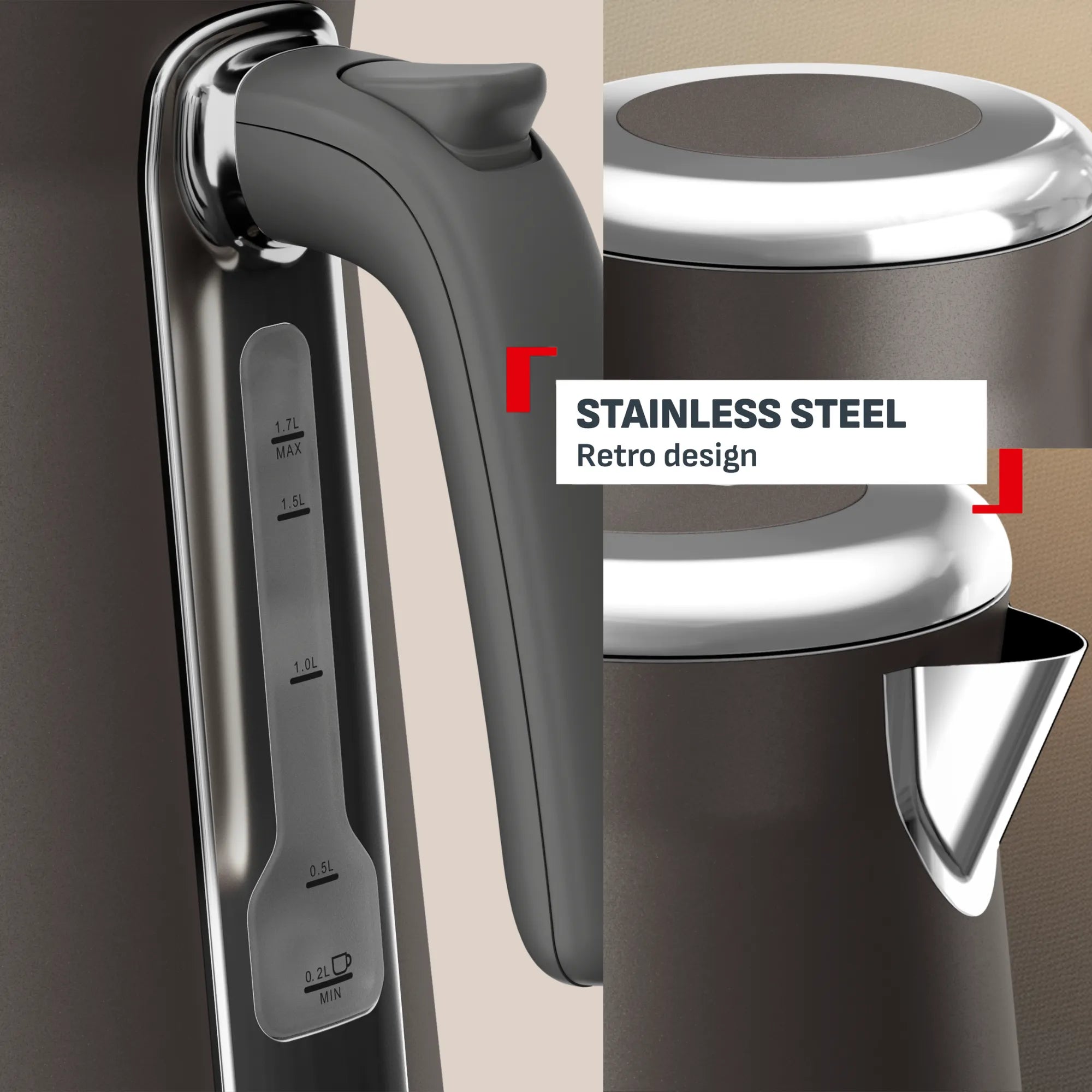 Tefal Collection Kettle Grey Pewter KI666E with stainless steel retro design