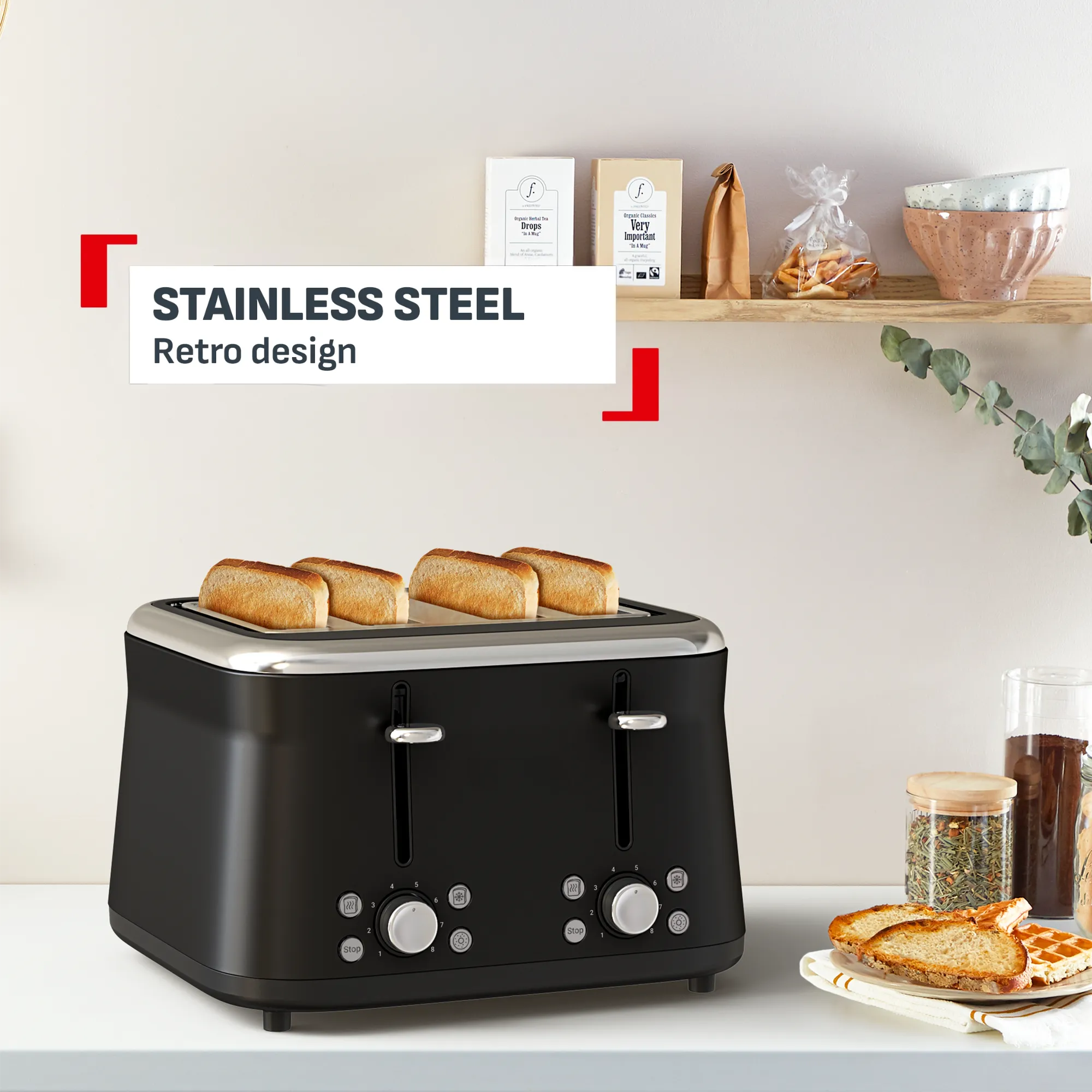 Tefal Collection Toaster 4-slice Black TF7208 with stainless steel retro design