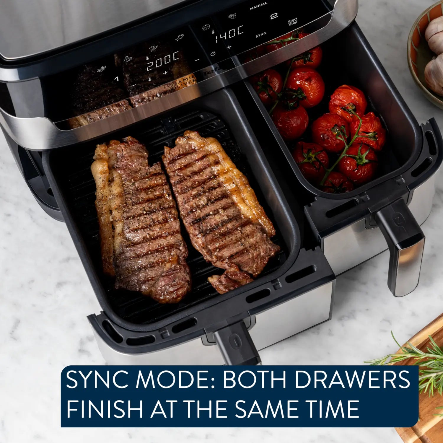 Jamie Oliver by Tefal Dual Drawer Air Fryer 8.3L sync mode both drawers finish at the same time