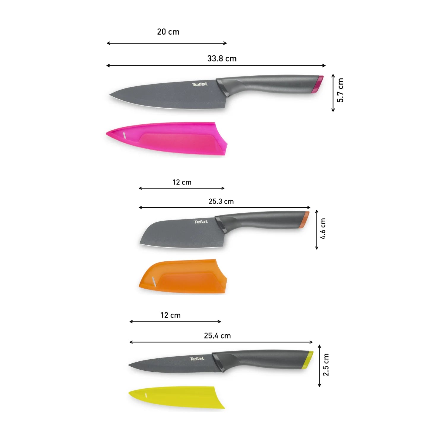 Tefal Fresh Kitchen Non-Stick Stainless Steel Set of 3 Kitchen Knives K122S324 dimensions