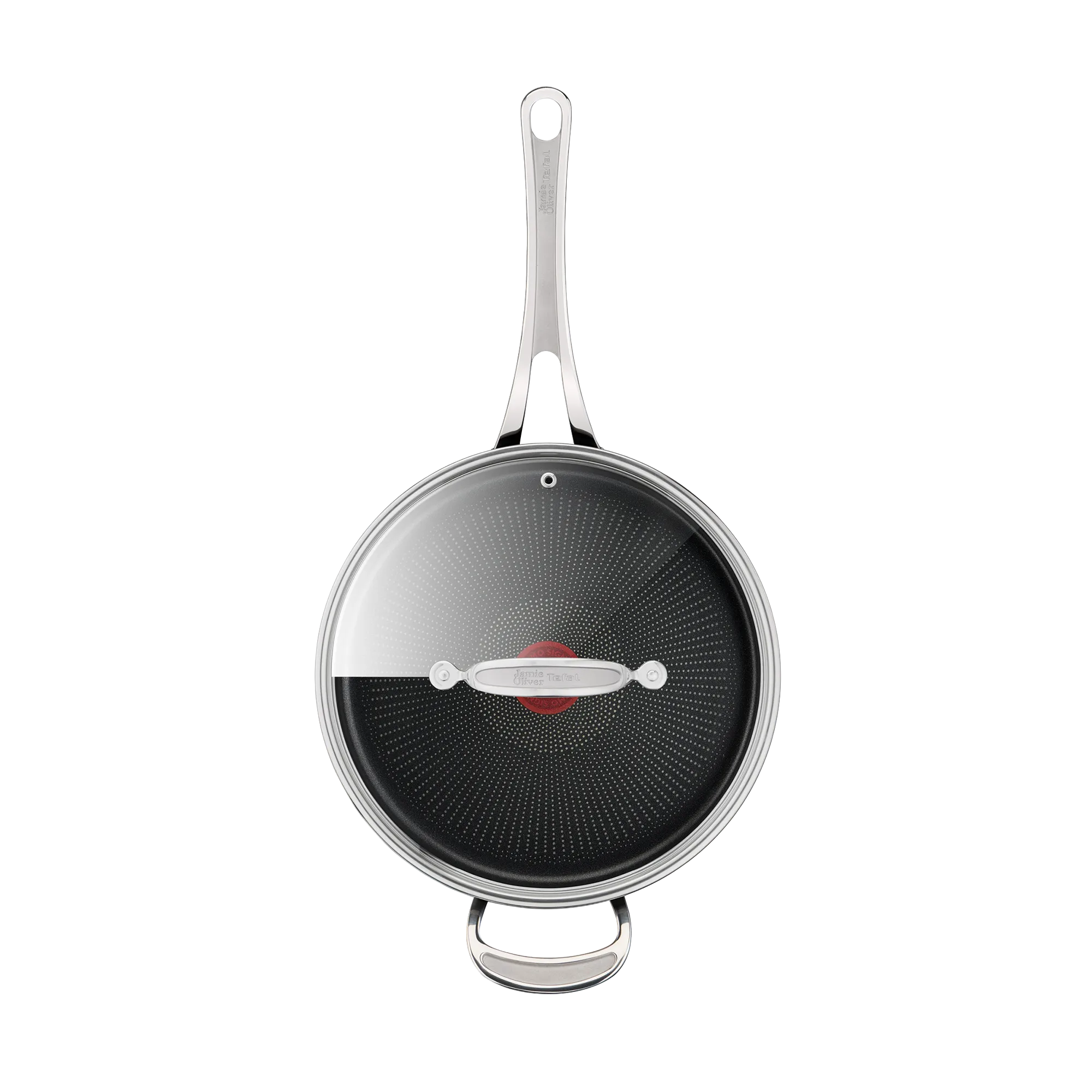 Jamie Oliver by Tefal Cooks Classic Non-Stick Induction Hard Anodised Sautepan + Lid 26cm top view with lid