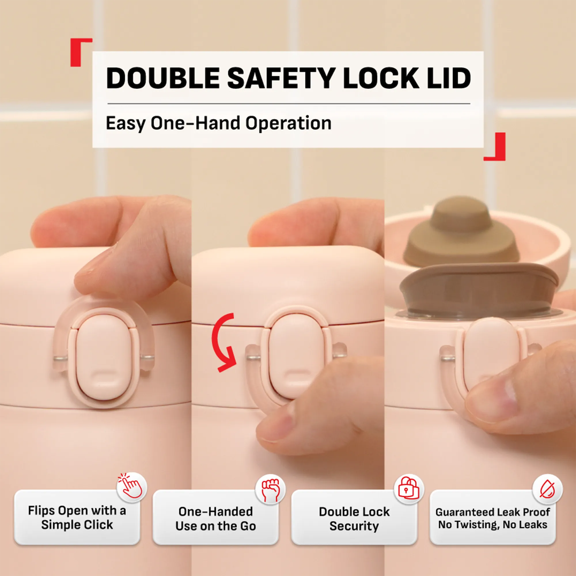 Tefal Easy to Go Stainless Steel Drink Bottle 500ml with double safety lock lid and easy one hand operation