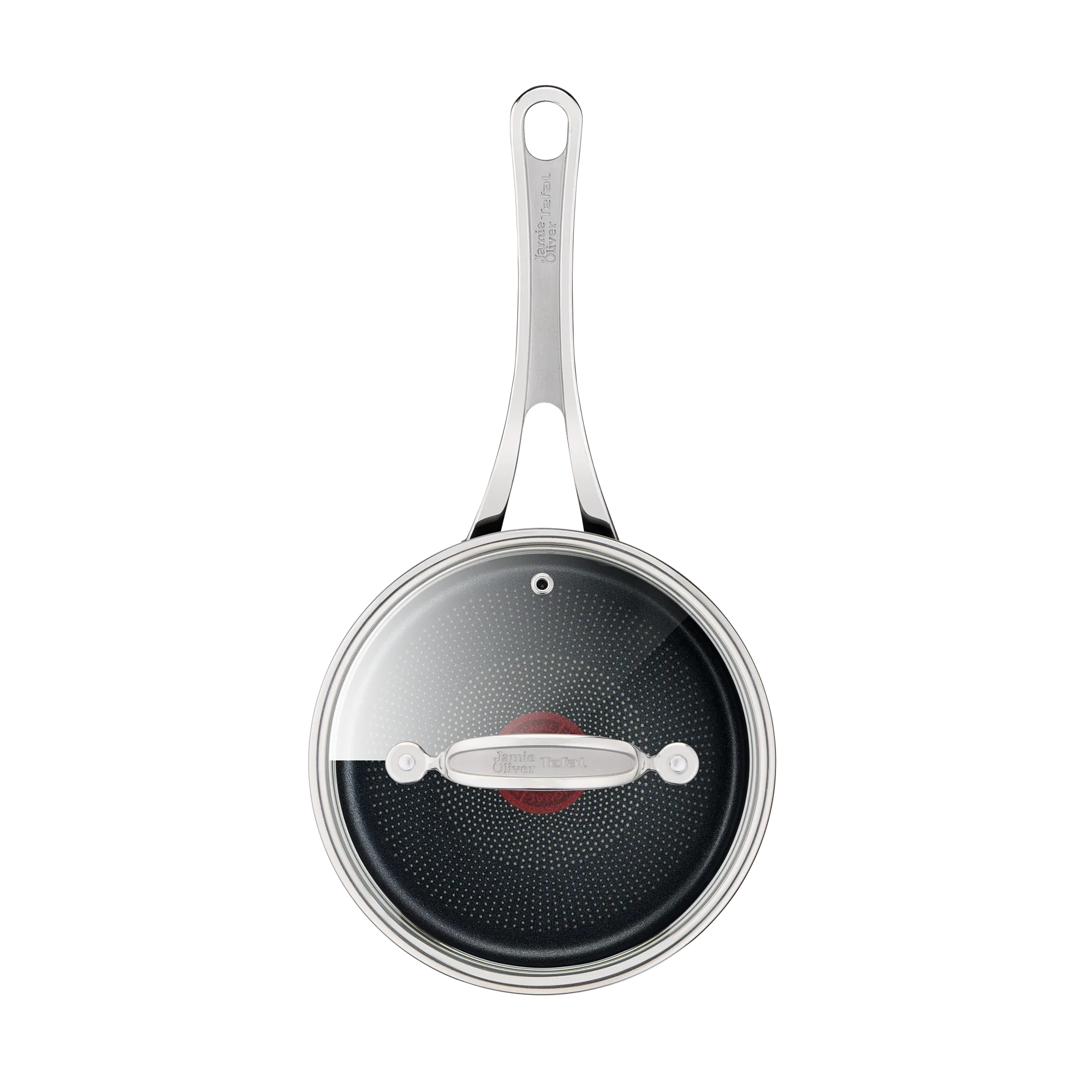Jamie Oliver by Tefal Cooks Classic Non-Stick Induction Hard Anodised Saucepan + Lid 18cm top view with lid on