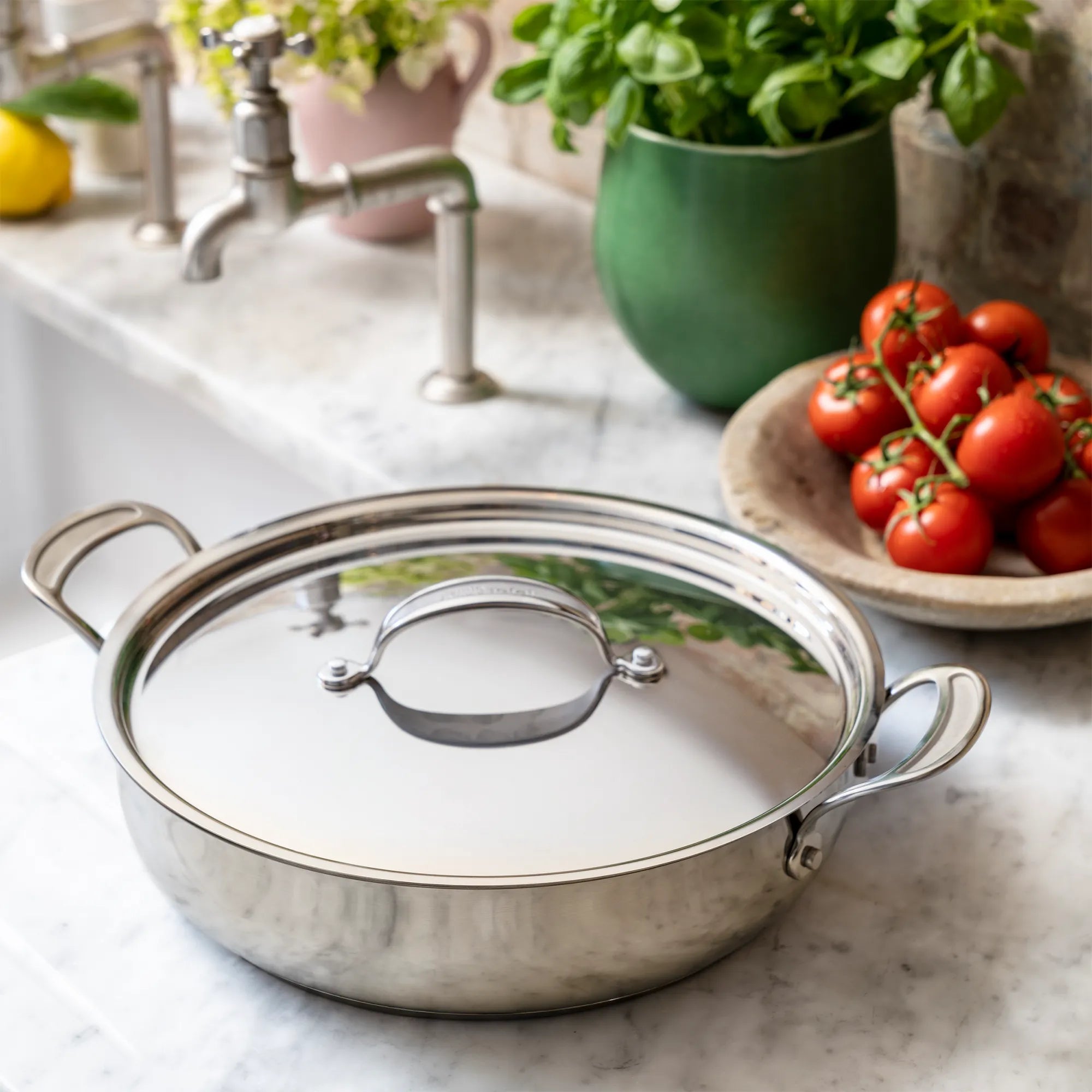 Jamie Oliver by Tefal Cooks Classic Stainless Steel Non-stick Induction Shallowpan 30cm on kitchen bench