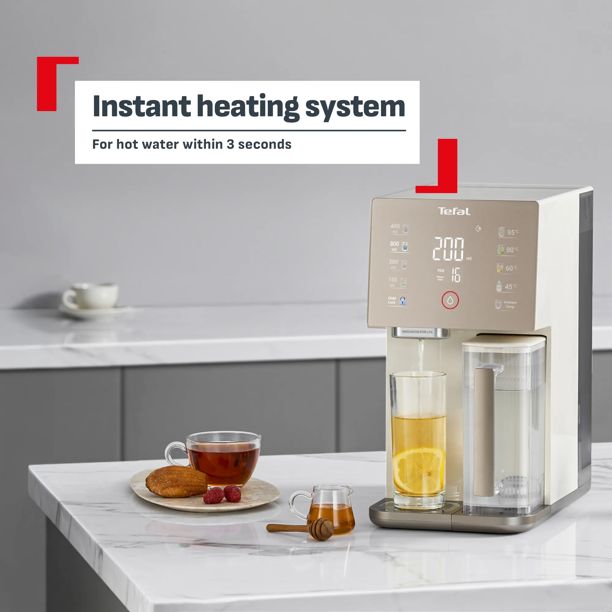 Tefal Pure Water Reverse Osmosis Compact Ambient & Hot Water Purifier Station BR453A with instant heating system for hot water in 3 seconds