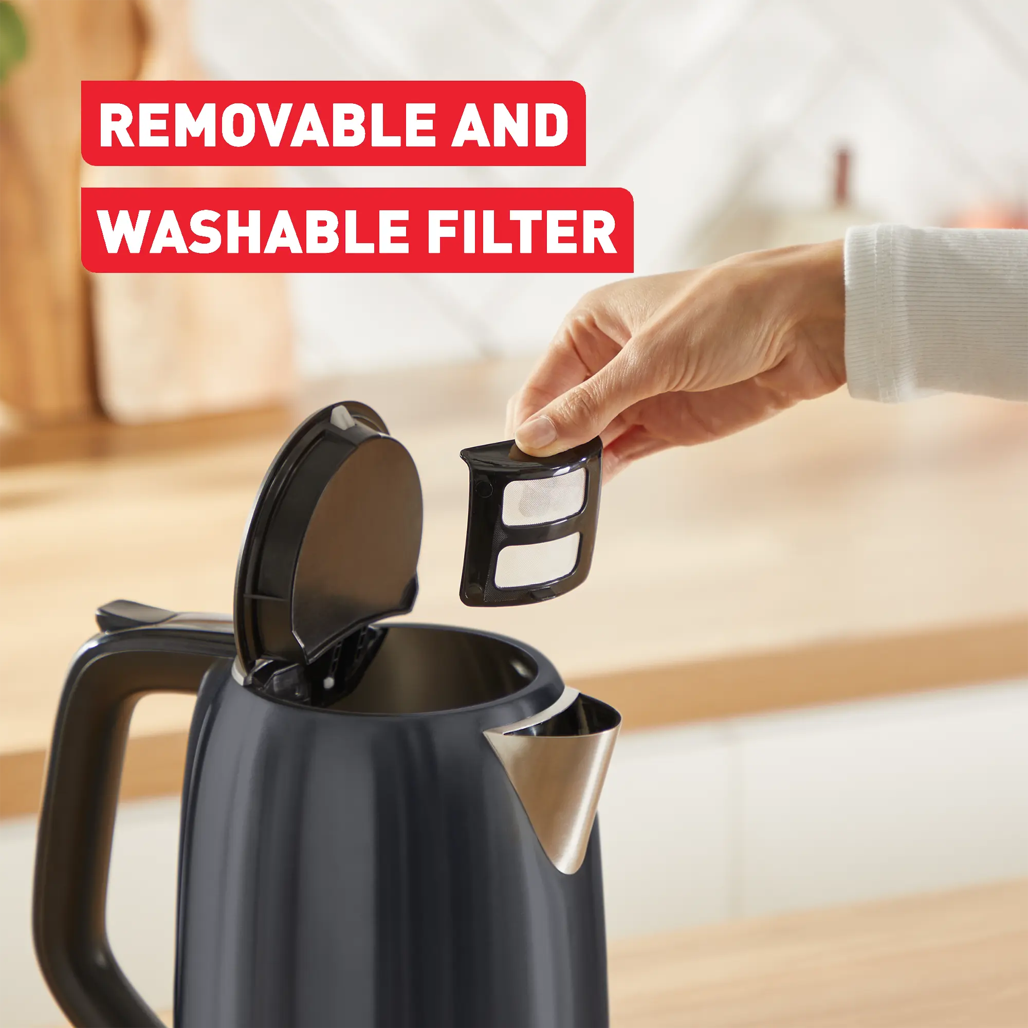 Tefal Subito Black Stainless Steel Toaster & Kettle Breakfast Set with removable and washable filter