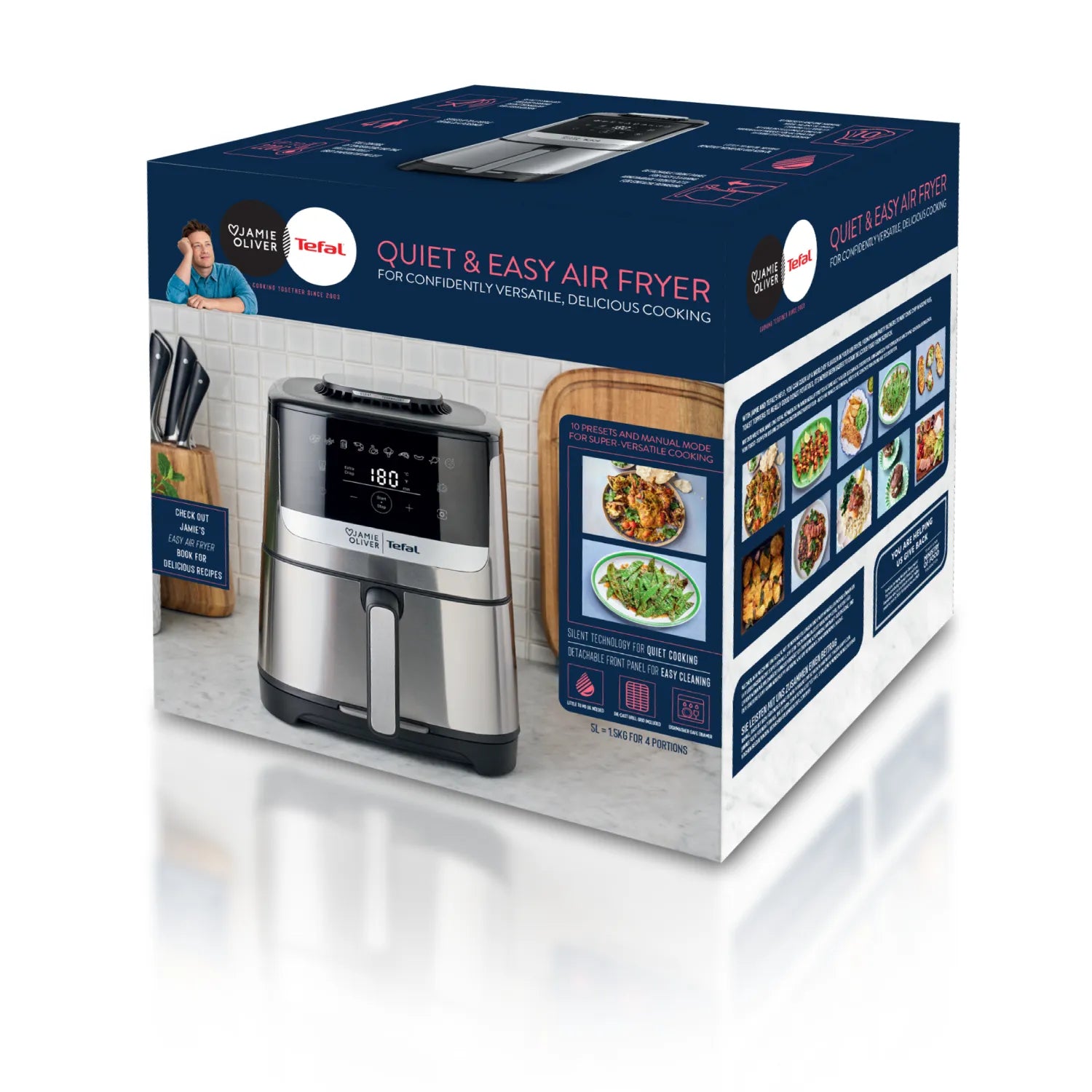 Jamie Oliver by Tefal Easy Fry Silence Deluxe Air Fryer EY55JD packaging