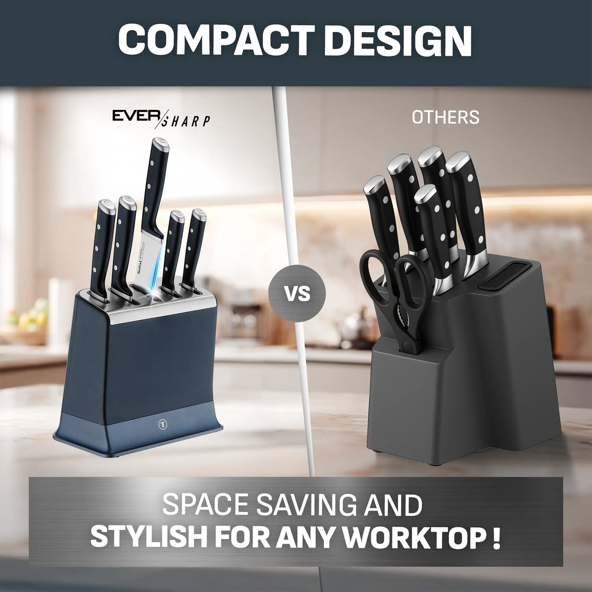 Tefal Eversharp Pro Knife Block 5pc Set + Block with Integrated Sharpener with compact and stylish design