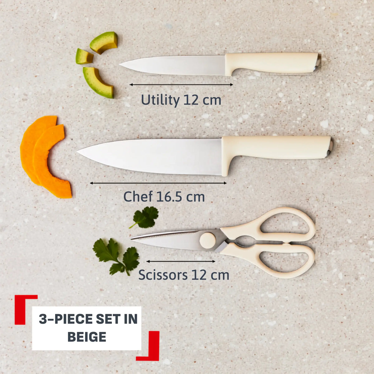 Tefal Eversharp Daily Rise Beige Knife Block 3pc Set with Integrated Sharpener