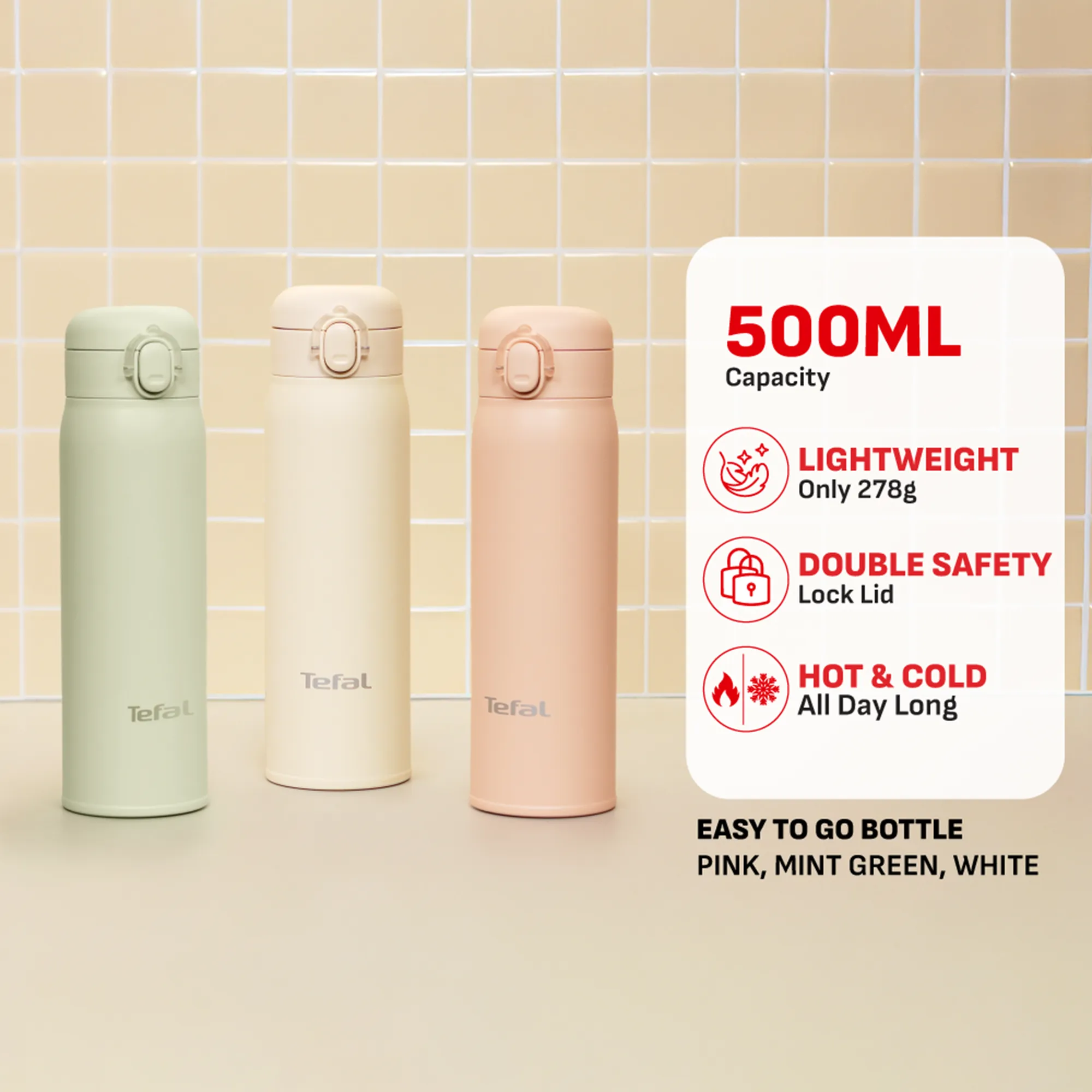 Tefal Easy to Go Stainless Steel Drink Bottle 500ml features