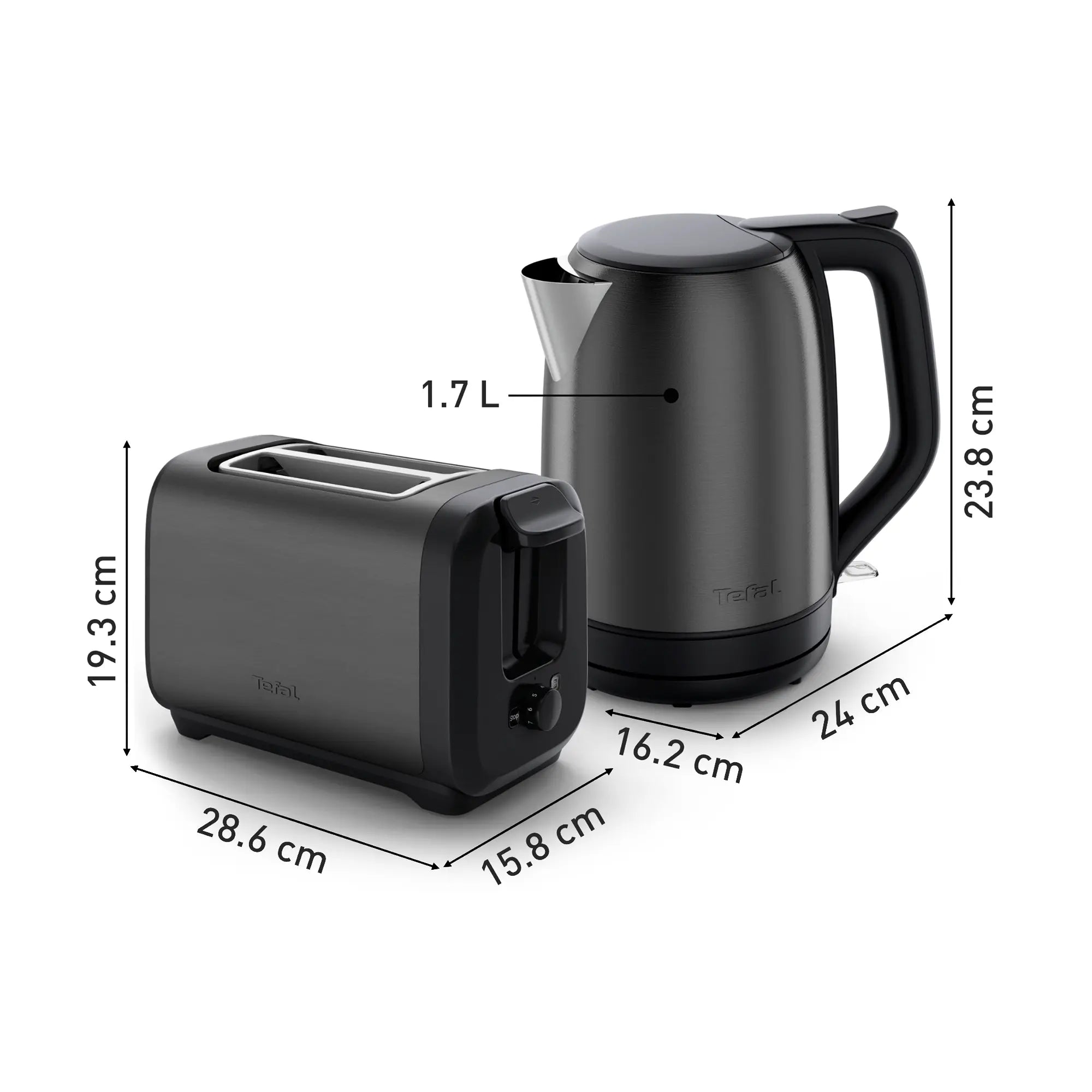 Tefal Subito Black Stainless Steel Toaster & Kettle Breakfast Set Dimensions