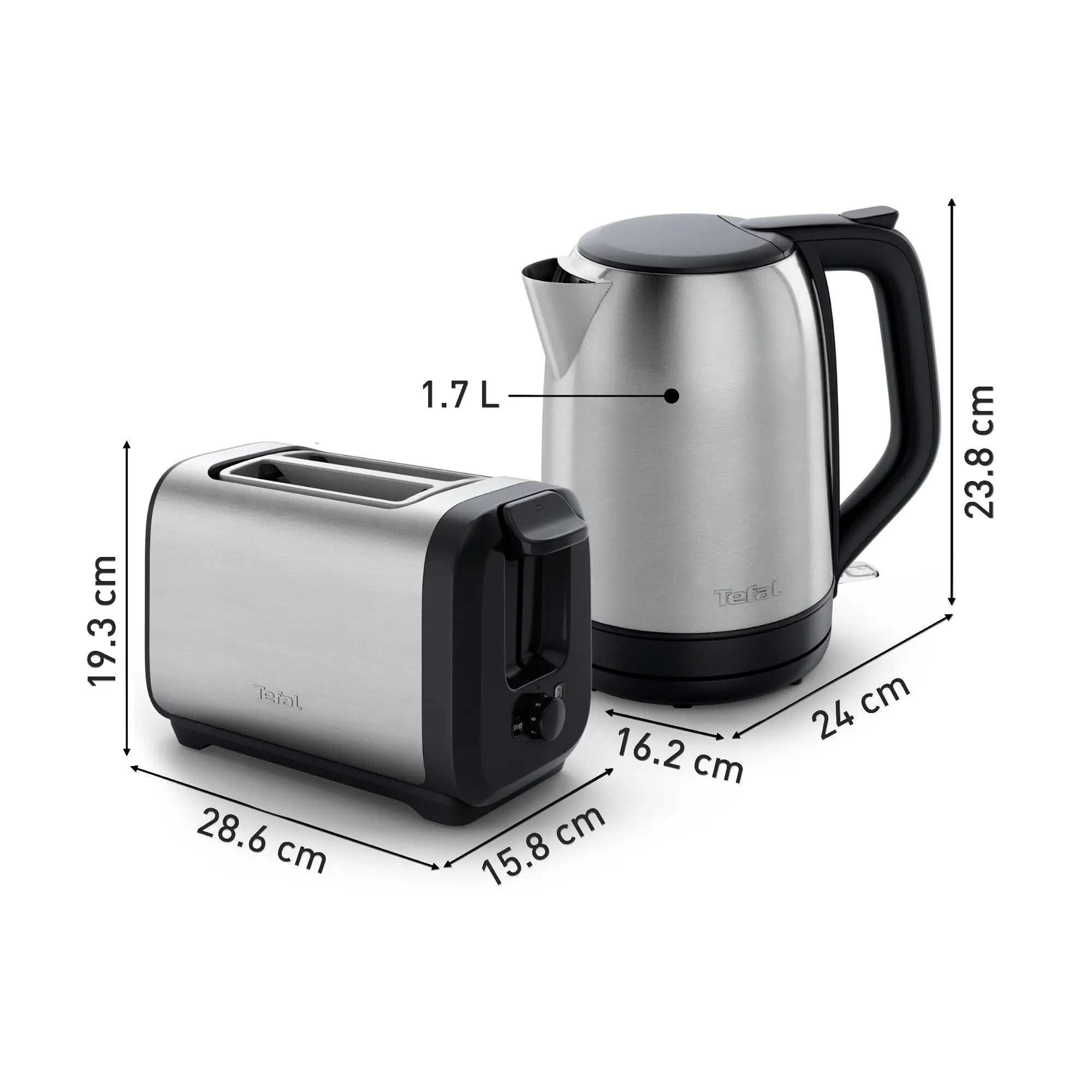 Tefal Subito Stainless Steel Toaster & Kettle Breakfast Set TT5SAD Dimensions