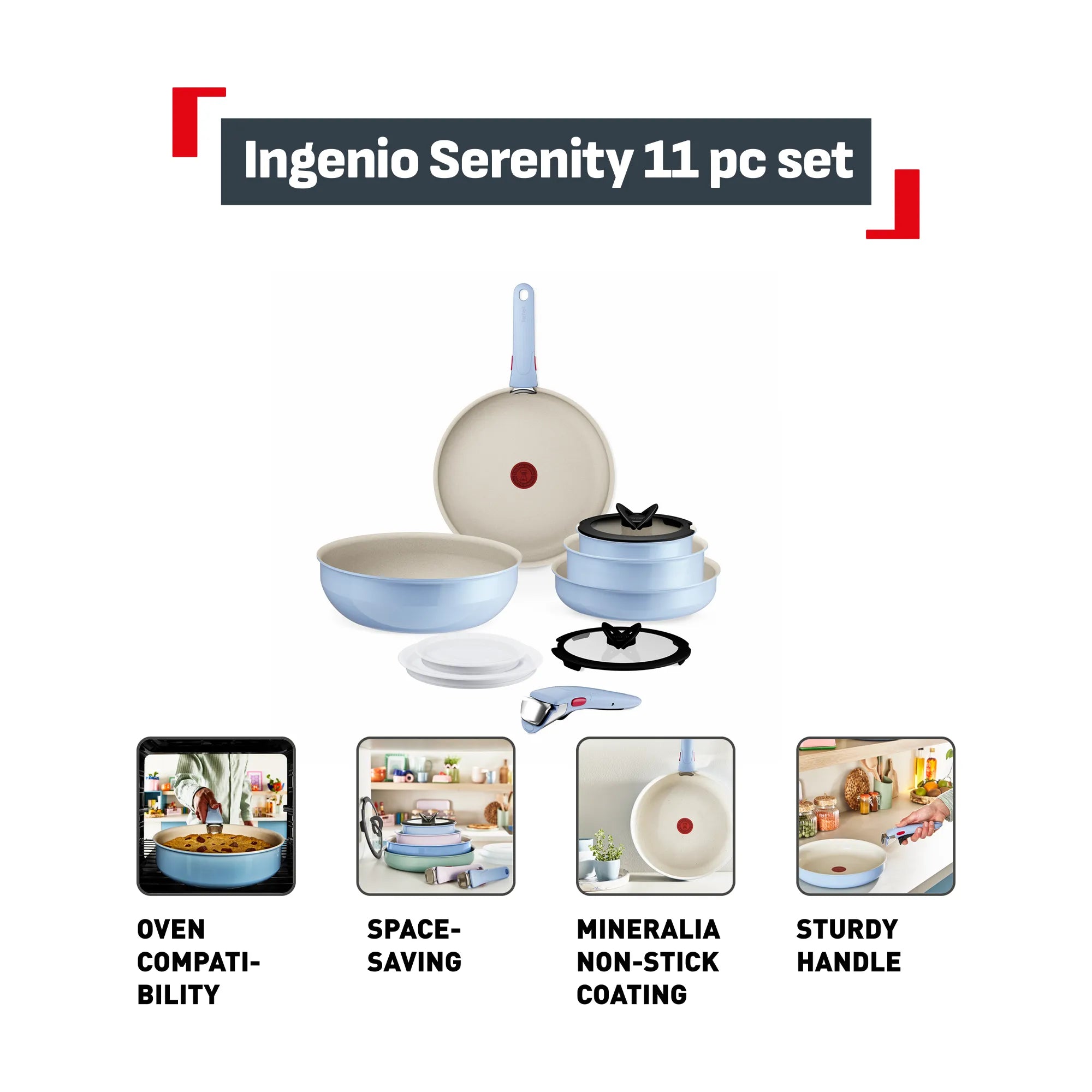 Tefal Ingenio Serenity Induction Non-Stick Calm Blue 11pc Set features