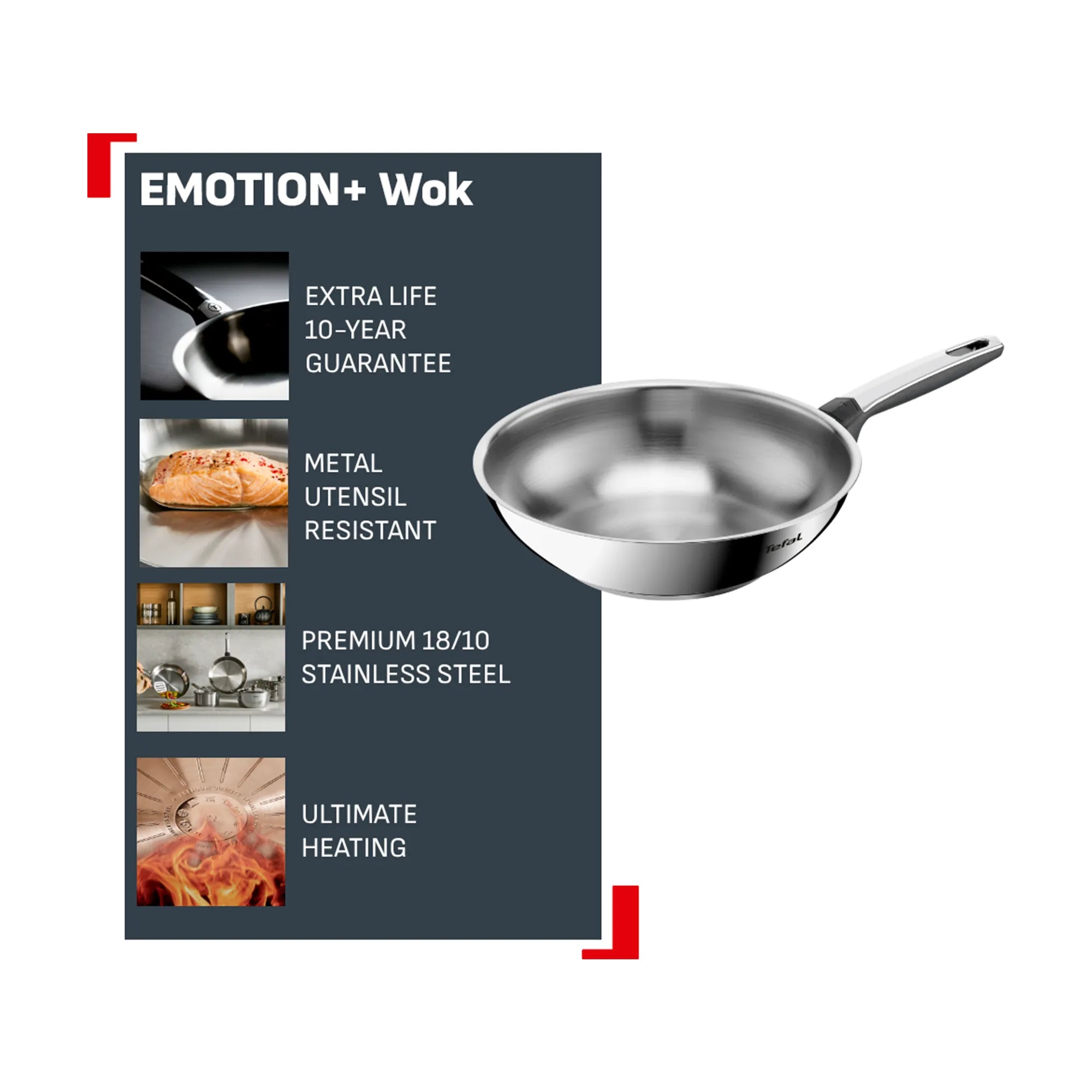 Tefal Emotion+ Induction Stainless Steel Uncoated Wok 28cm