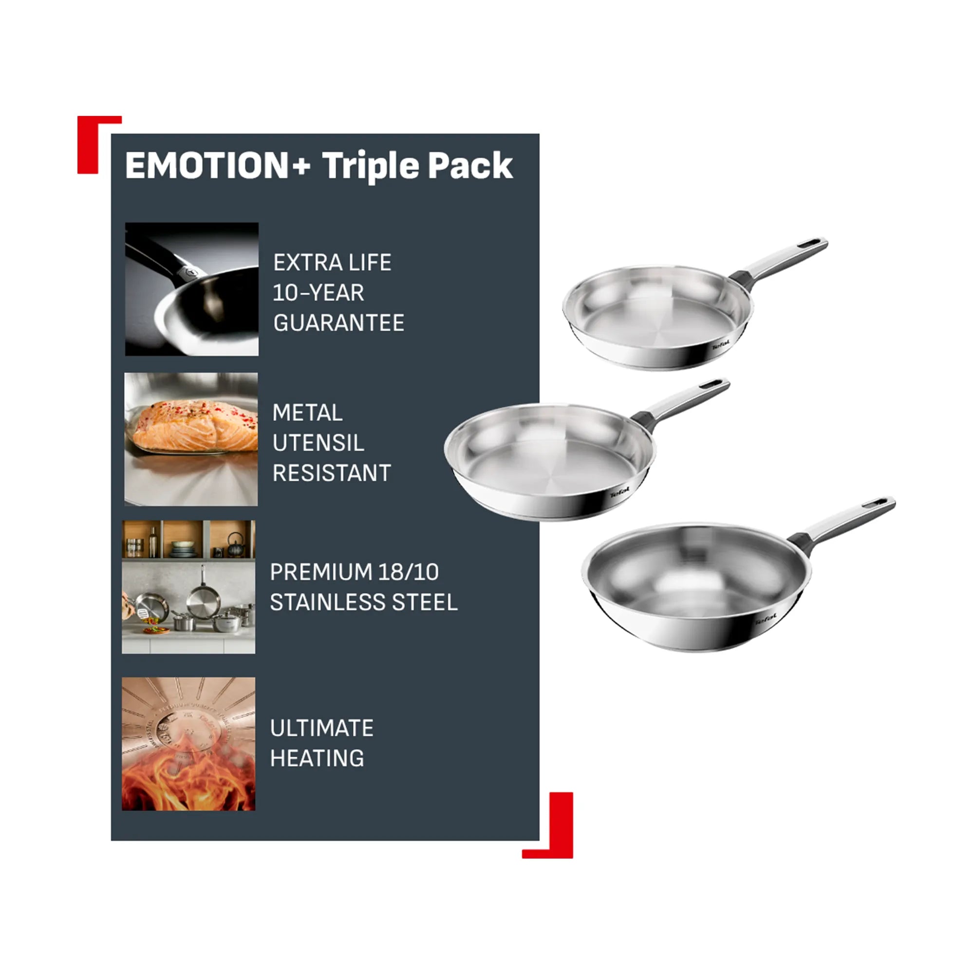Tefal Emotion+ Induction Stainless Steel Uncoated Triple Pack Frypans 24/30cm & Wok 28cm
