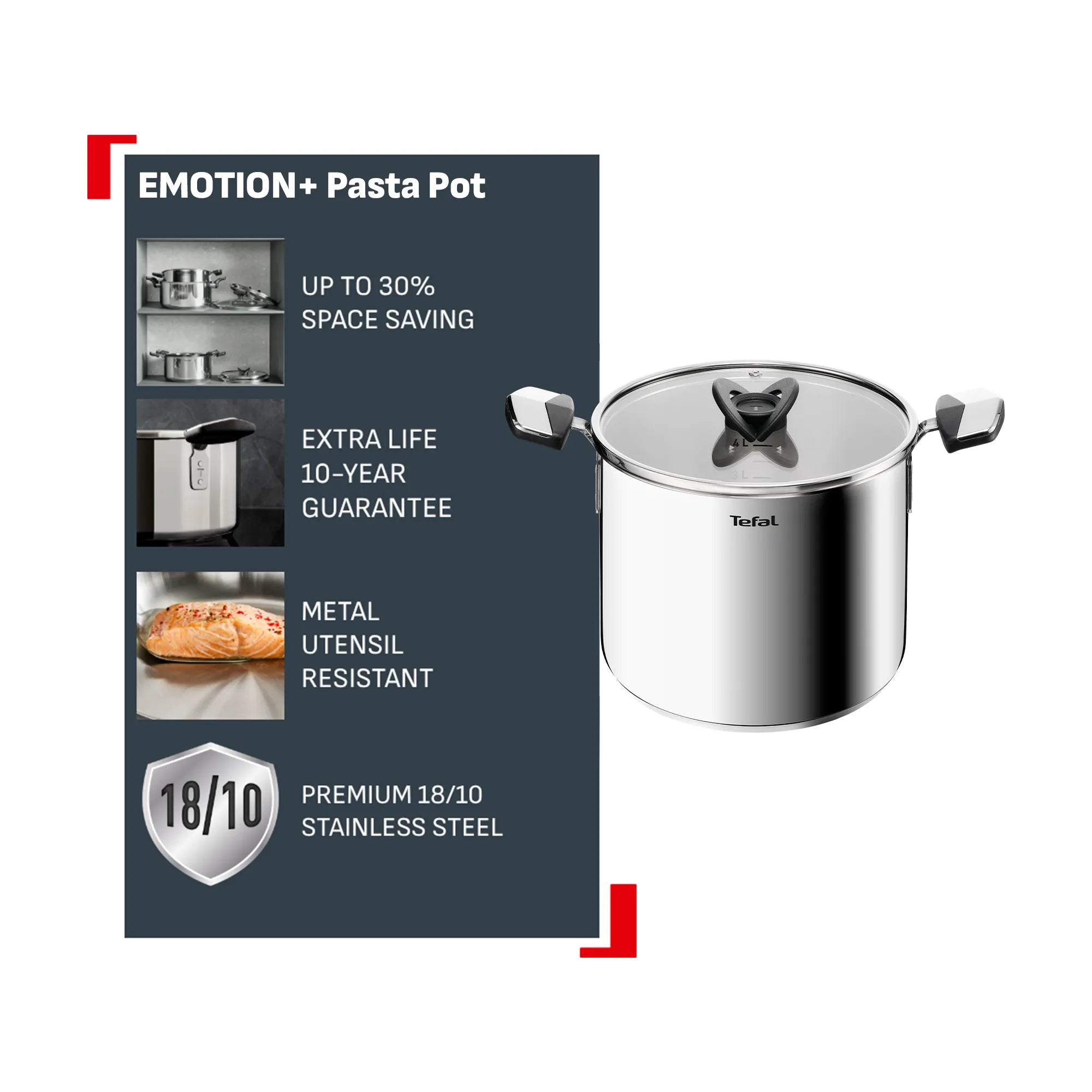 Tefal Space+ Emotion+ Induction Stainless Steel Uncoated Pasta Pot 22cm + Lid