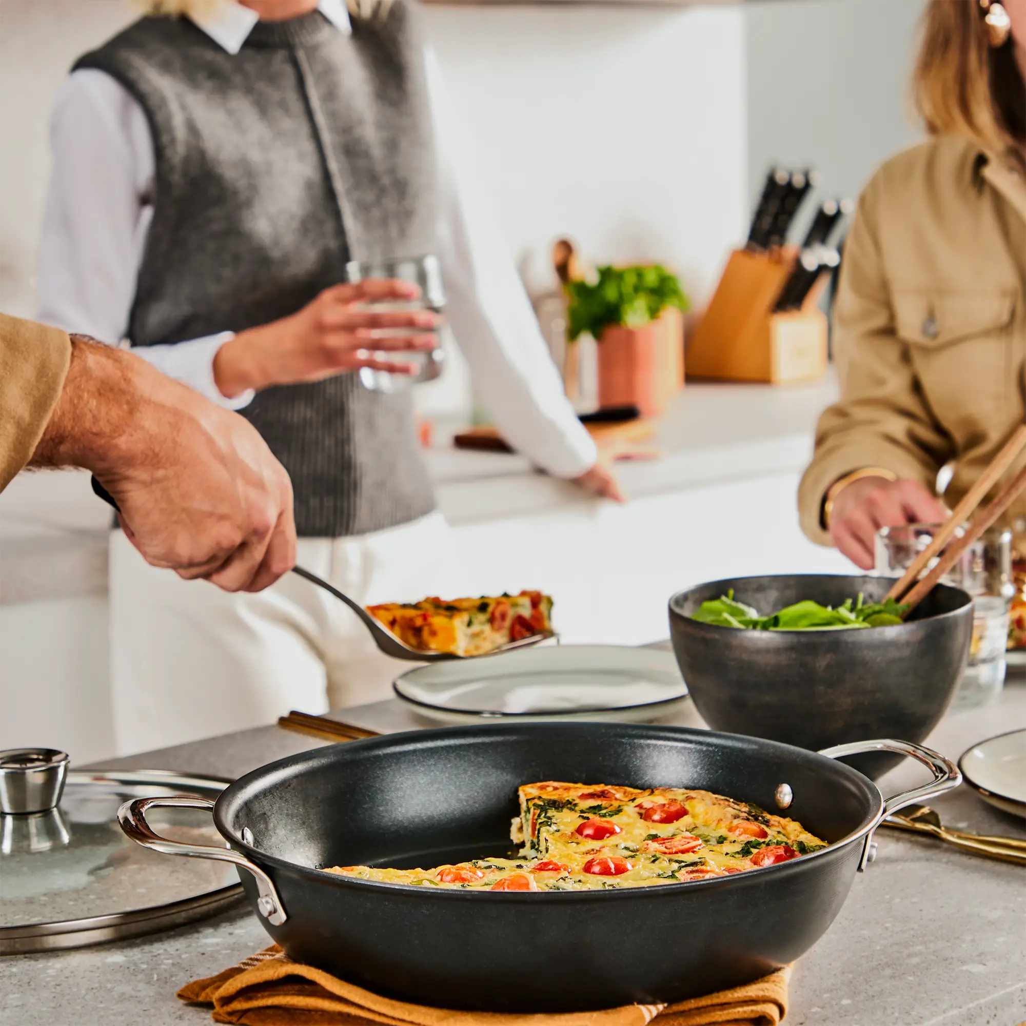 Tefal Excellence+ Induction FusionCore Non-Stick All-In-One Pan 28cm + Lid on kitchen bench