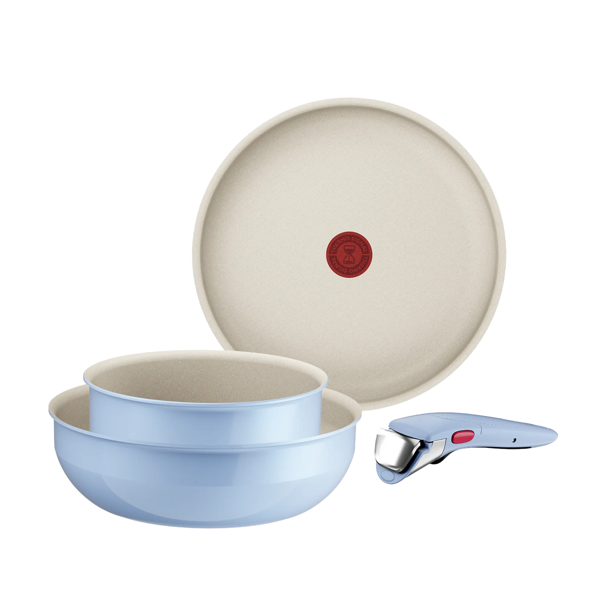 Tefal Ingenio Serenity Induction Non-Stick Calm Blue 4pc Set with top view showing interior coating