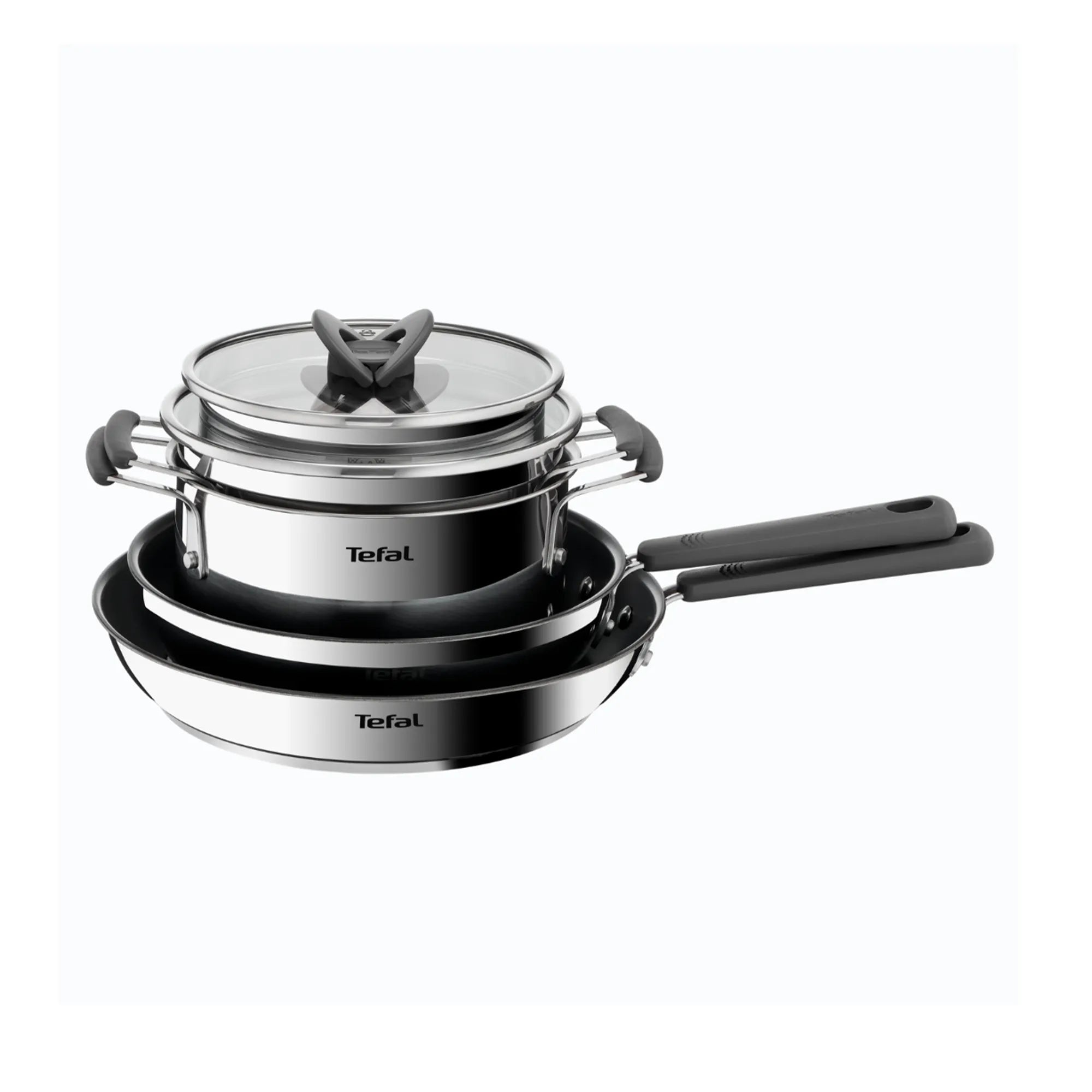Tefal Opti'Space Induction Stainless Steel 6pc Mixed Set stacked inside each other