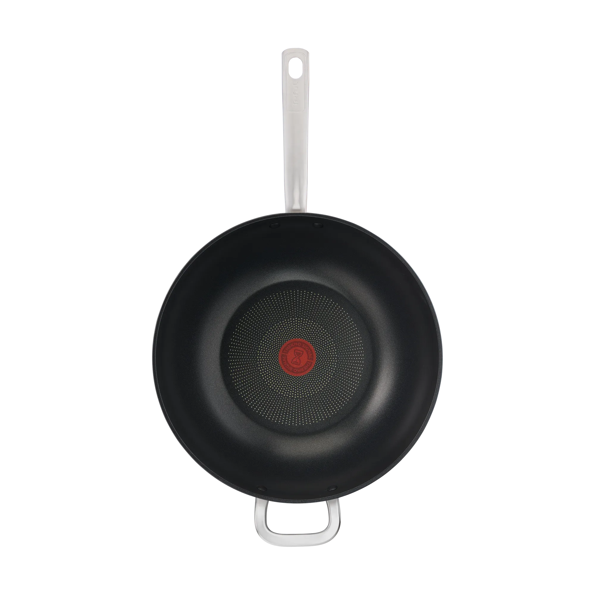 Tefal Premium Specialty Hard Anodised Induction Non-Stick Wok 32cm + Lid top view with interior non-stick coating and thermo-signal