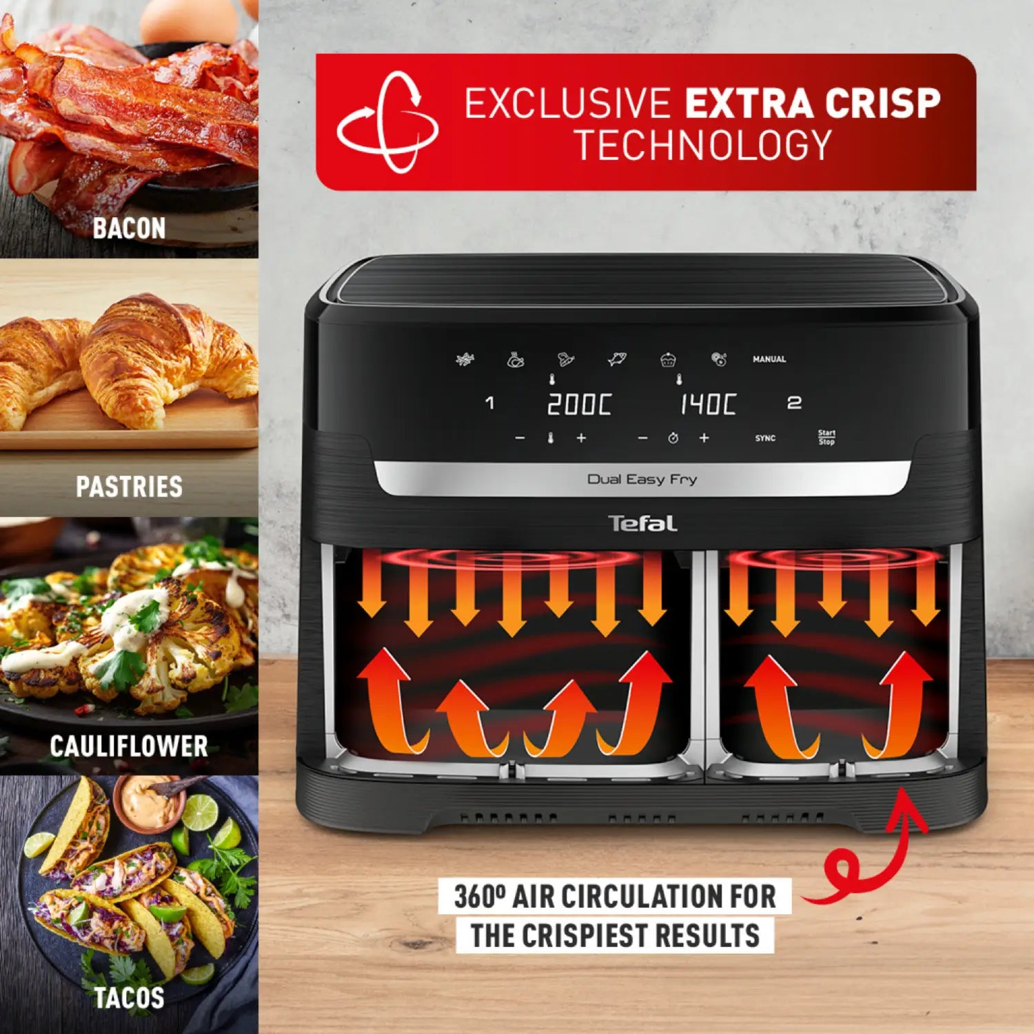 Tefal Dual Easy Fry Essential XXL Air Fryer Black EY901N Extra Crisp Technology