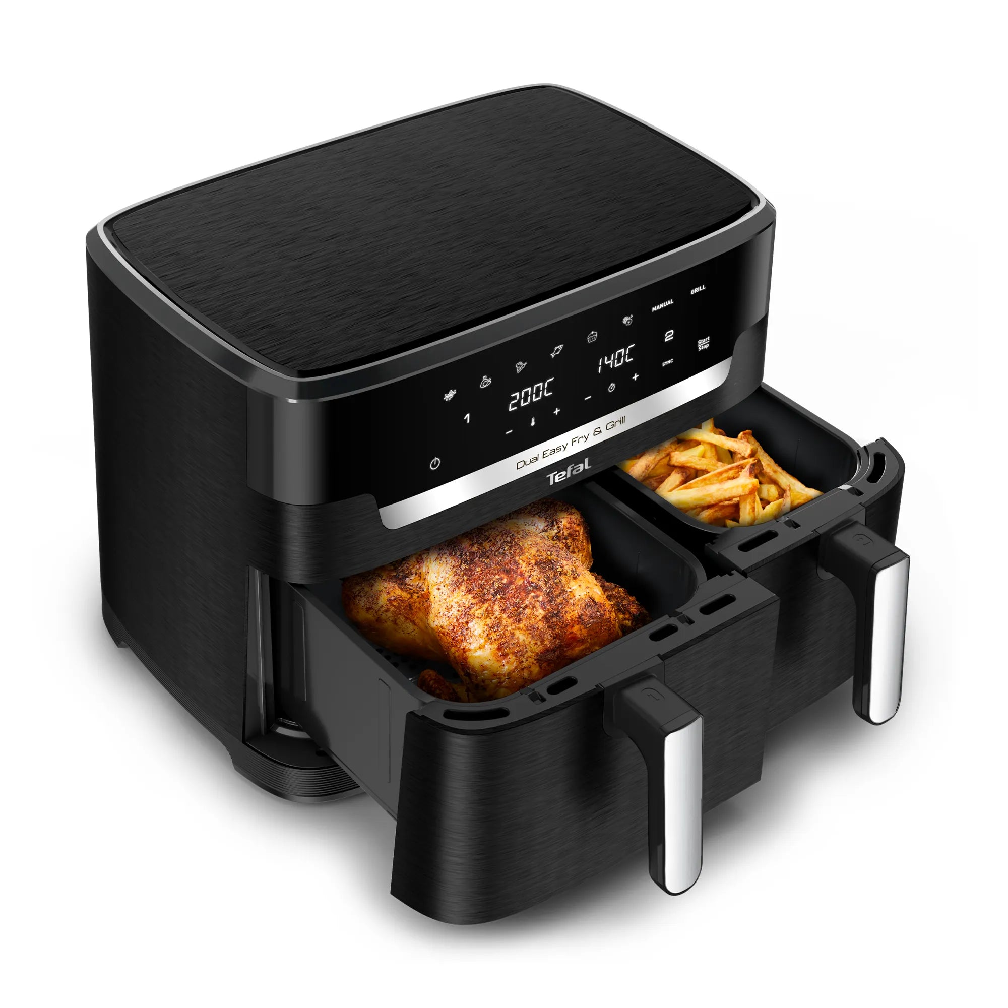 Tefal Dual Easy Fry & Grill 11L Air Fryer EY9458 dual drawers open with chicken and chips