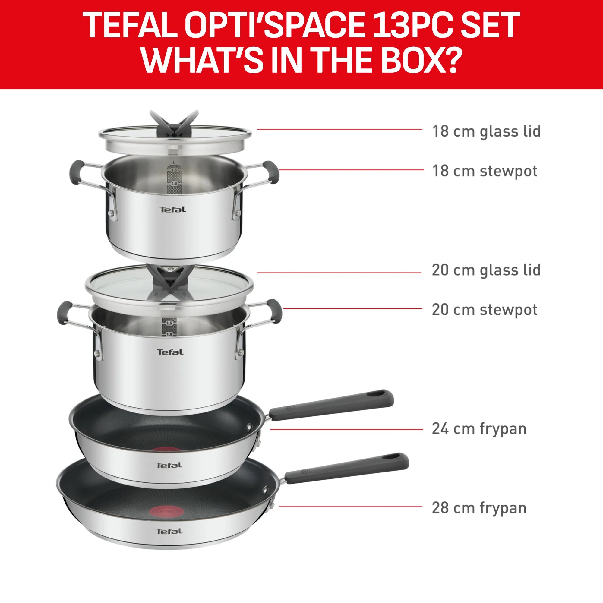 Tefal Opti'Space Induction Stainless Steel 6pc Mixed Set - what's included in  the set