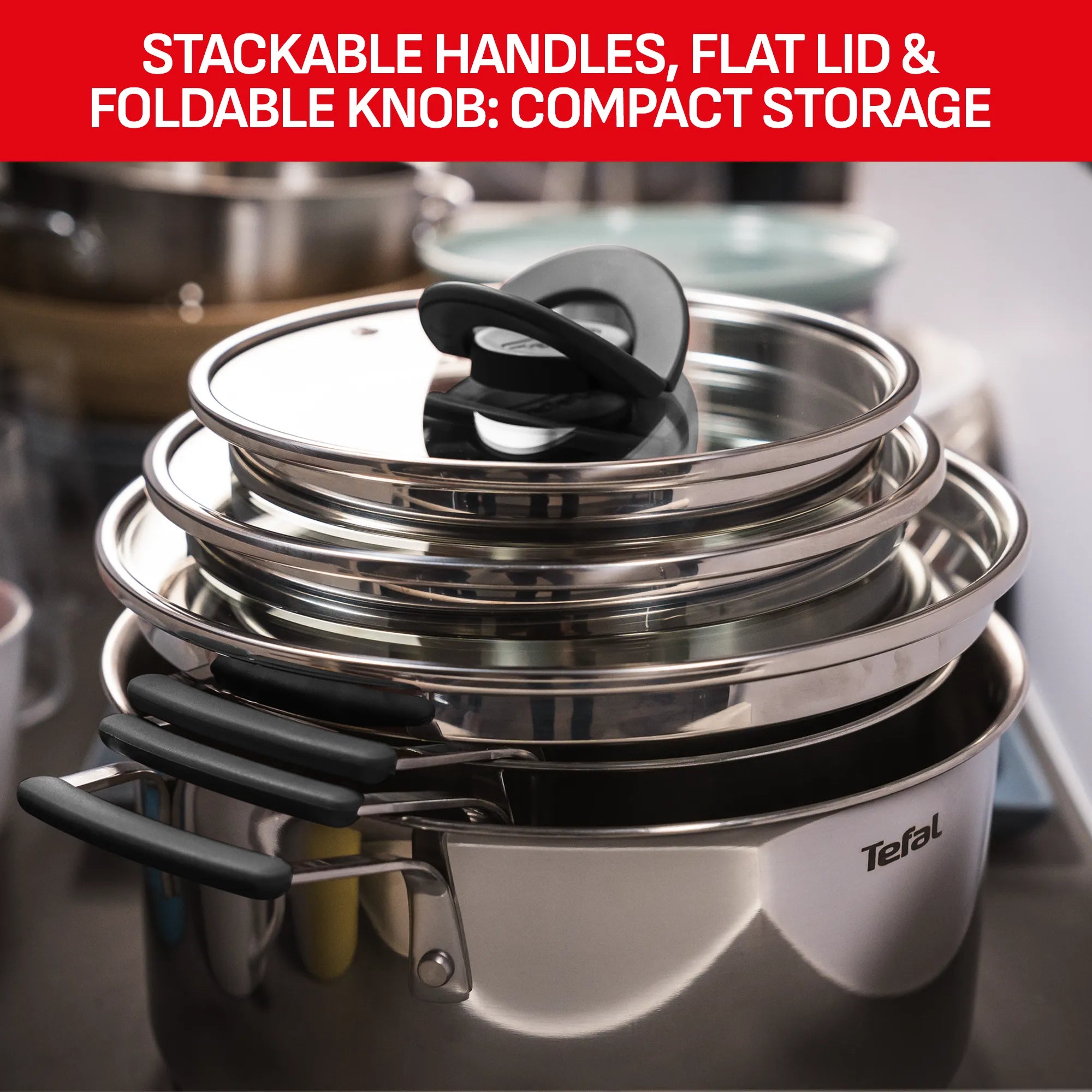 Tefal Opti'Space Induction Stainless Steel Set with stackable handles and flat lids with doldable knobs
