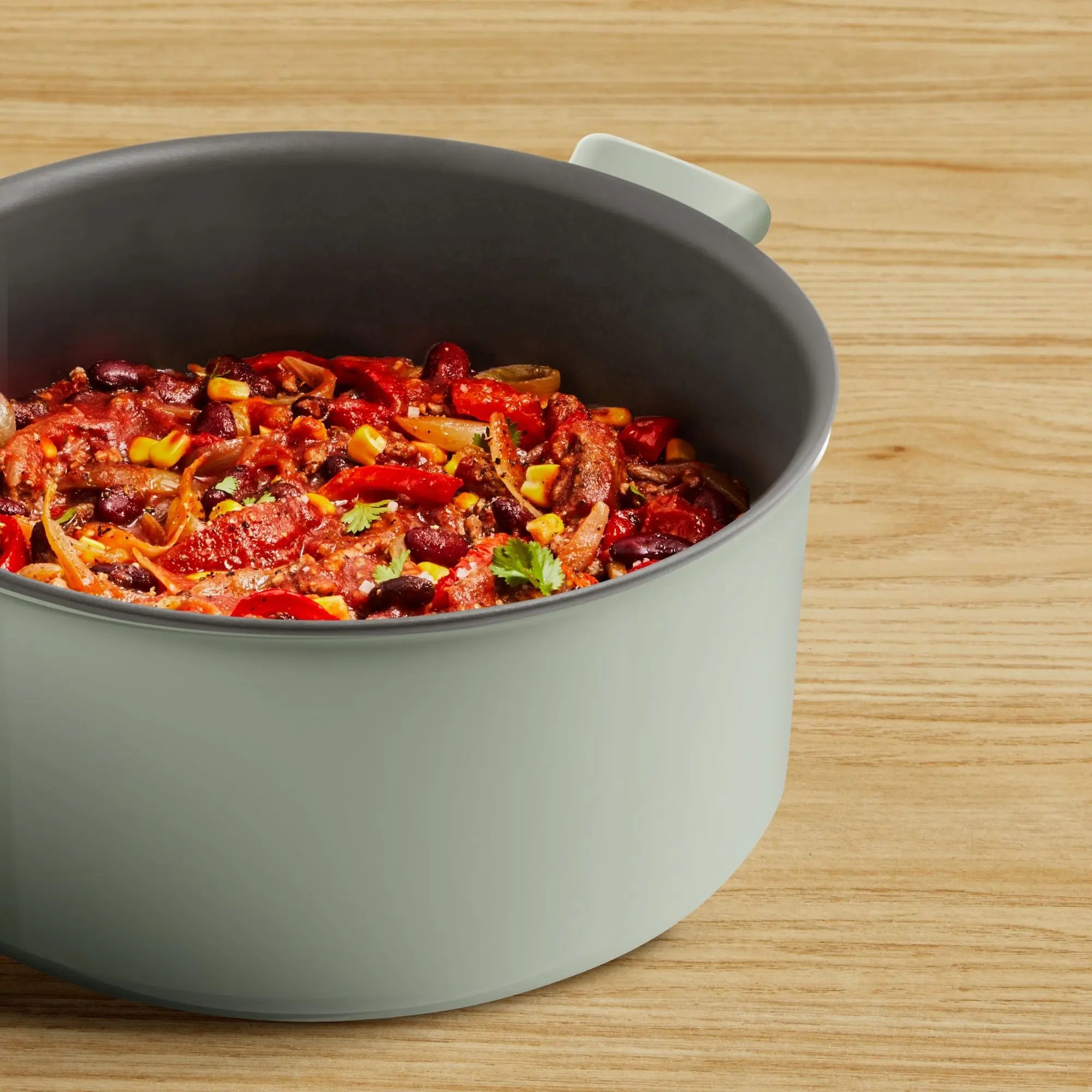 Tefal Vivaceram Induction Ceramic Green Lichen 5pc Set with food in pot