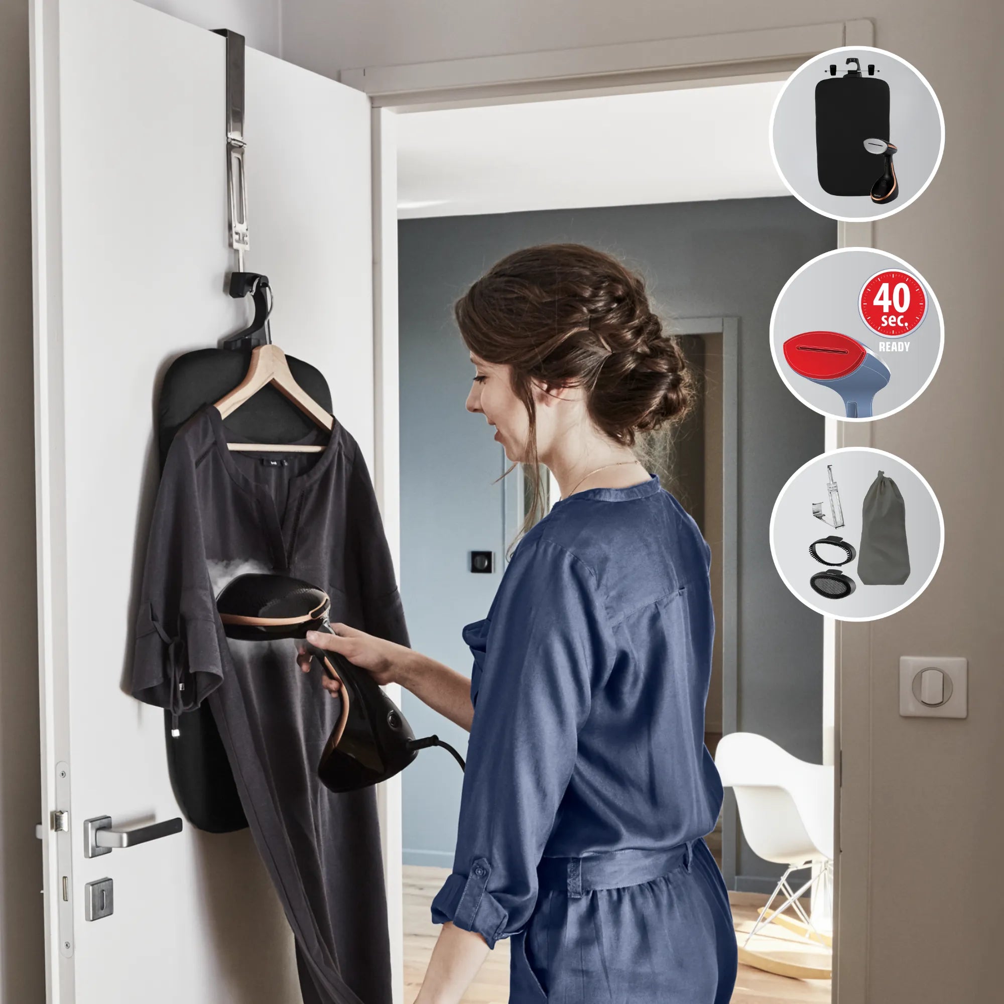 Tefal Access Steam Care Handheld Garment Steamer DT9120 vertical steaming in use with vertical board