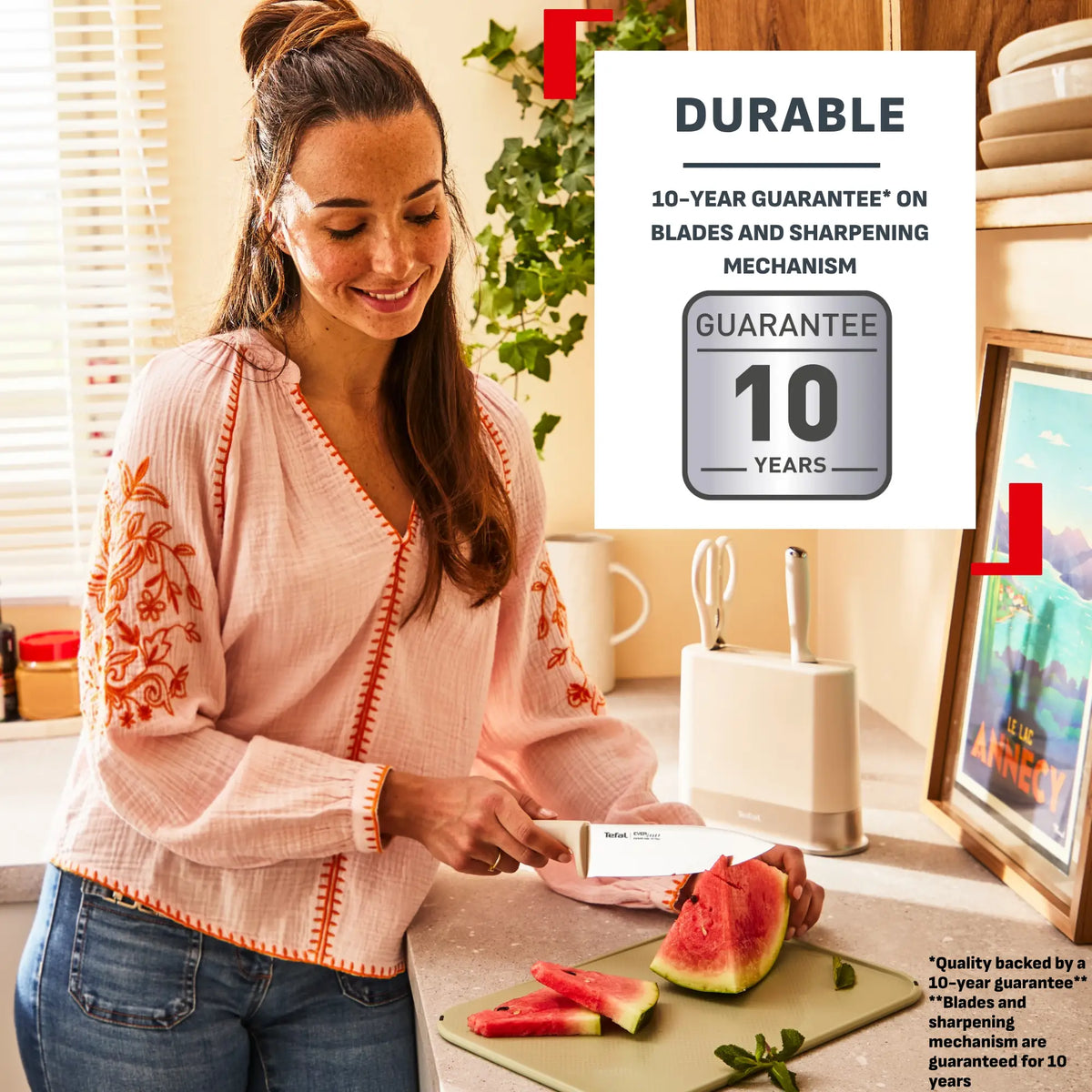 Tefal Eversharp Daily Rise Beige Knife Block 3pc Set with Integrated Sharpener