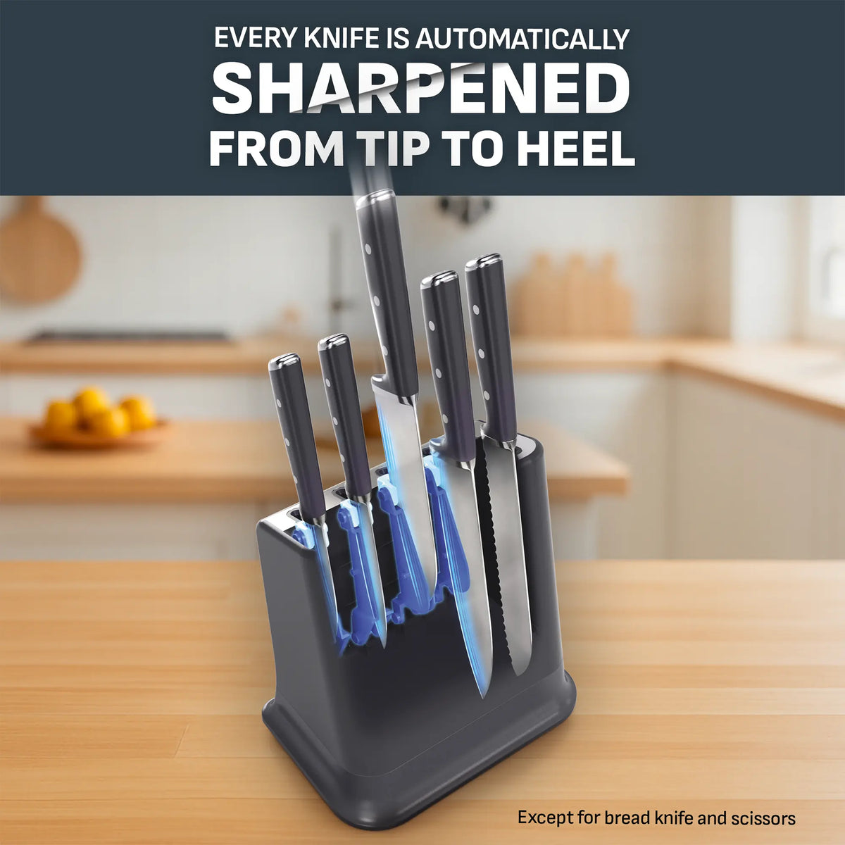 Tefal Eversharp Pro Knife Block 5pc Set + Block with Integrated Sharpener - knife is automatically sharpened from tip to heel