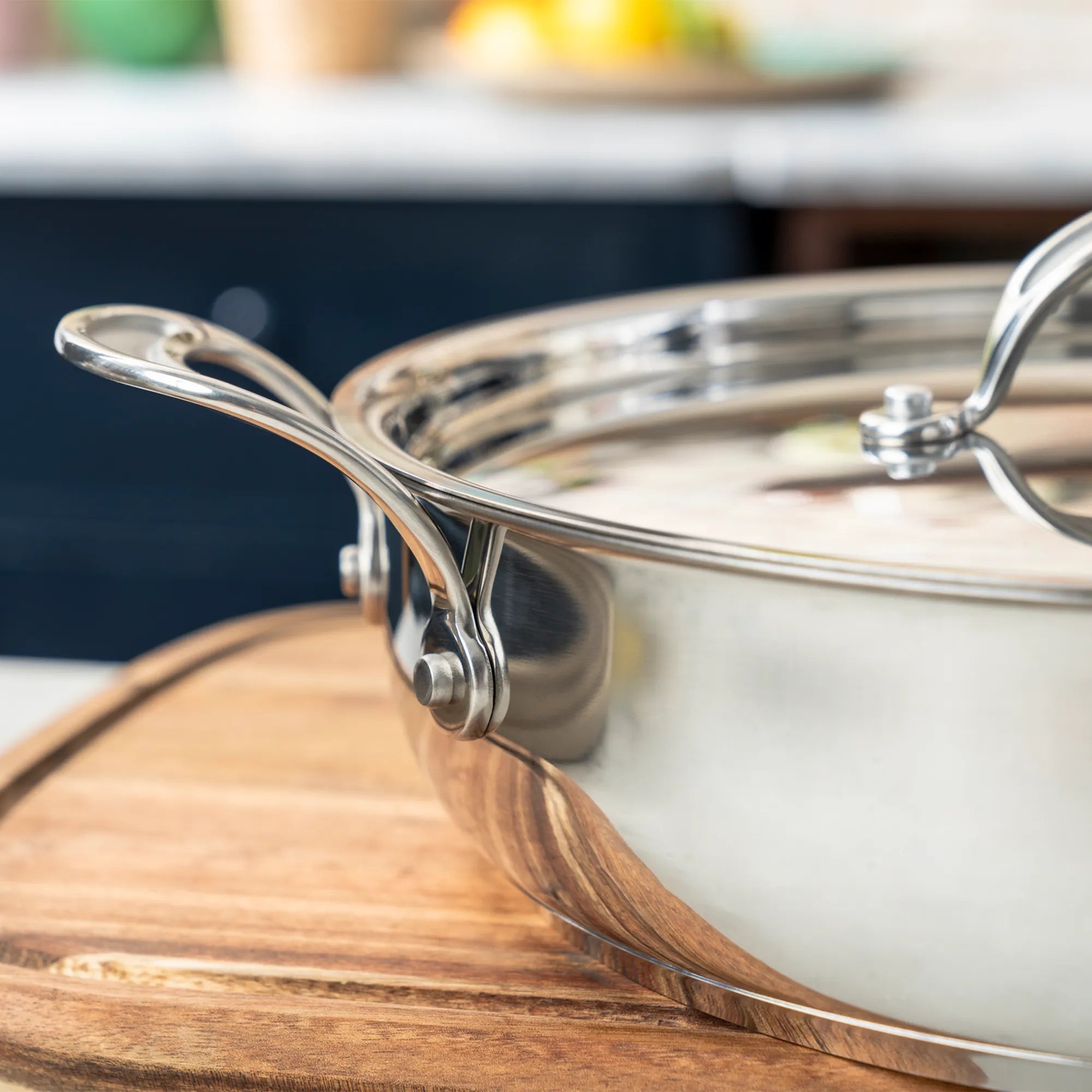 Jamie Oliver by Tefal Cooks Classic Stainless Steel Non-stick Induction Shallowpan 30cm close-up of stainless steel handle