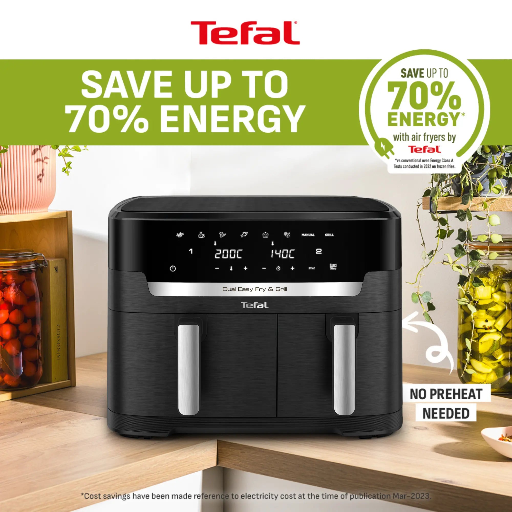 Tefal Dual Easy Fry & Grill 11L Air Fryer EY9458 save up to 70% energy