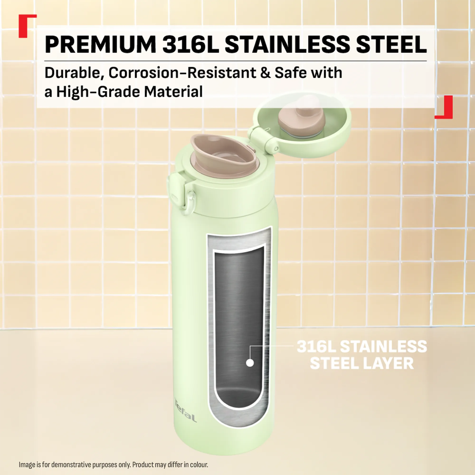 Tefal Easy to Go Stainless Steel Drink Bottle 500ml in Pink