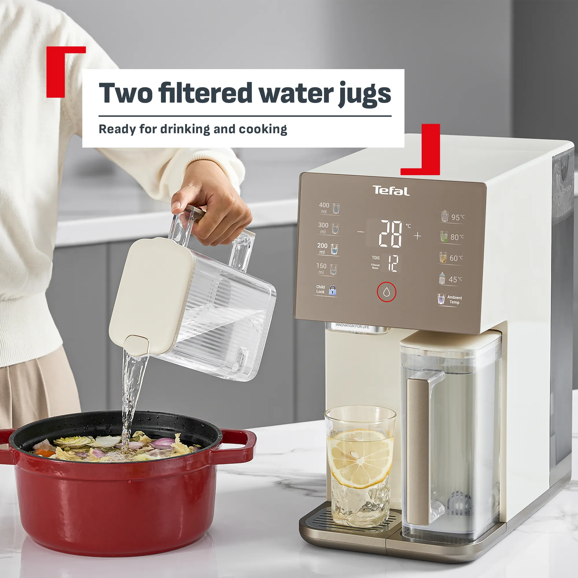 Tefal Pure Water Reverse Osmosis Compact Ambient & Hot Water Purifier Station BR453A with two filtered water jugs