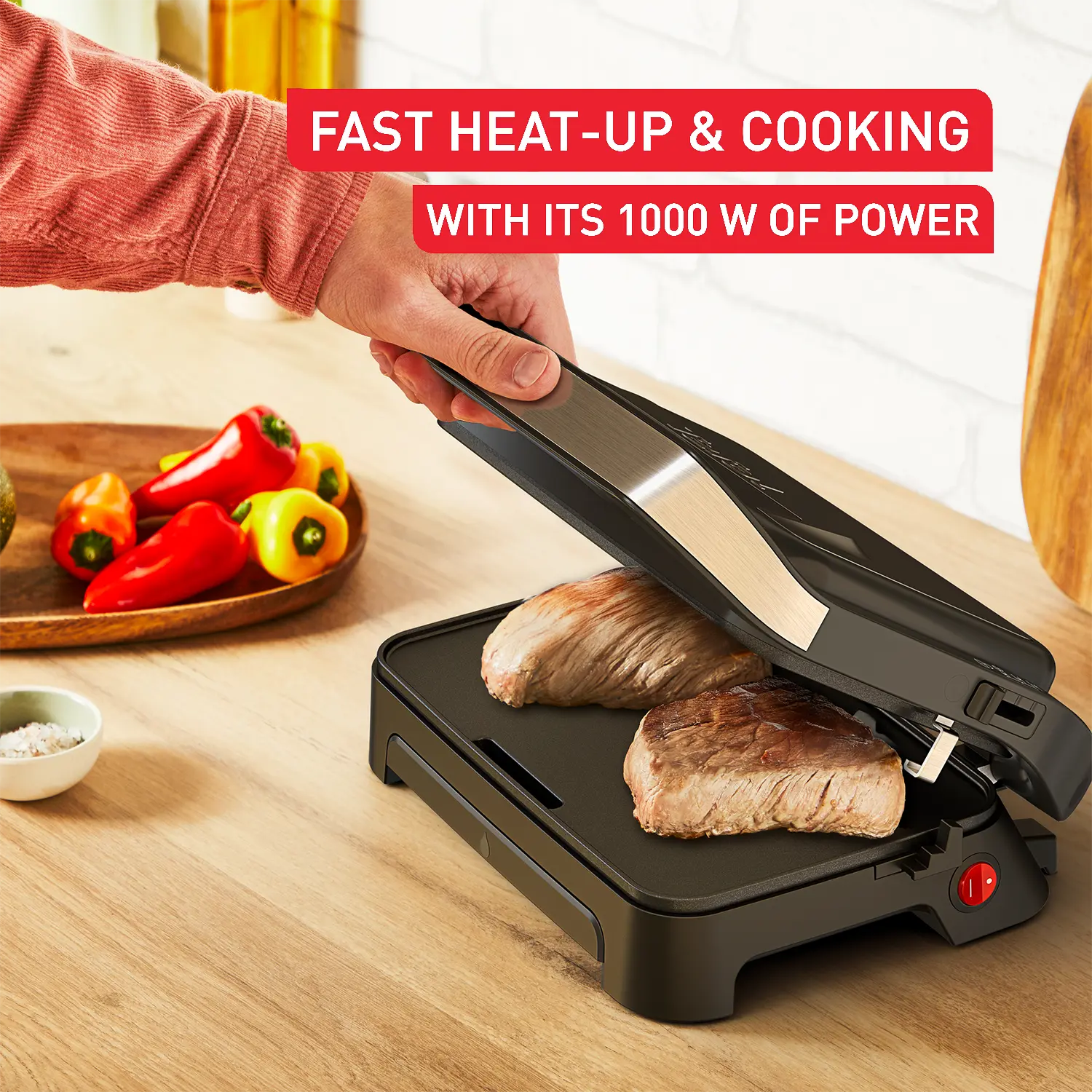 Tefal Inicio Compact Sandwich Press 2-Slice GC27A8 fast heat-up and cooking with 1000W of power
