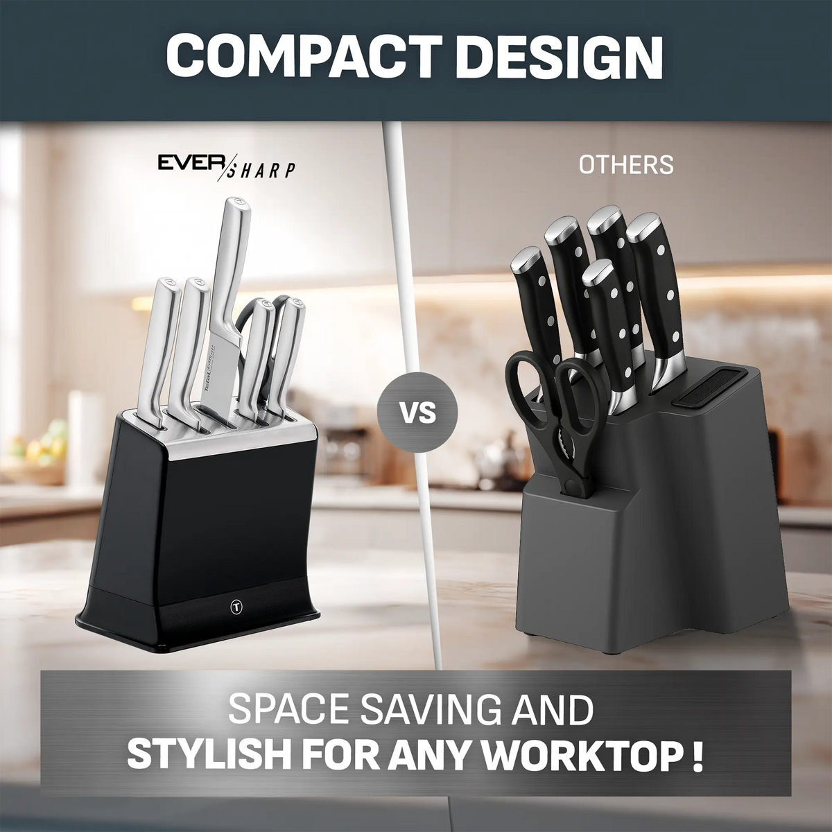 Tefal Eversharp Pro Stainless Steel Knife Block 6pc Set + Block with Integrated Sharpener with compact and stylish design