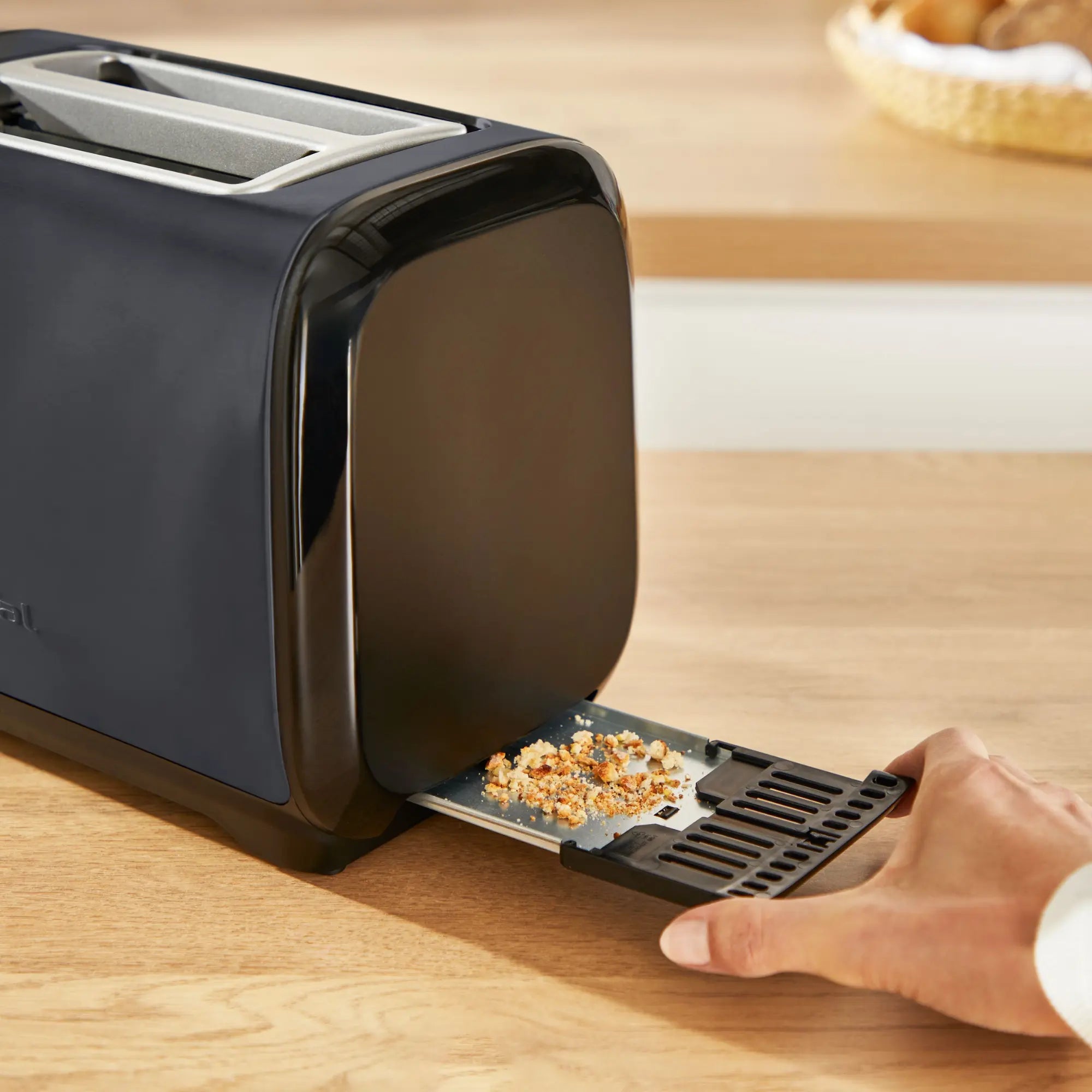 Tefal Subito Black Stainless Steel Toaster & Kettle Breakfast Set with removable crumbs tray