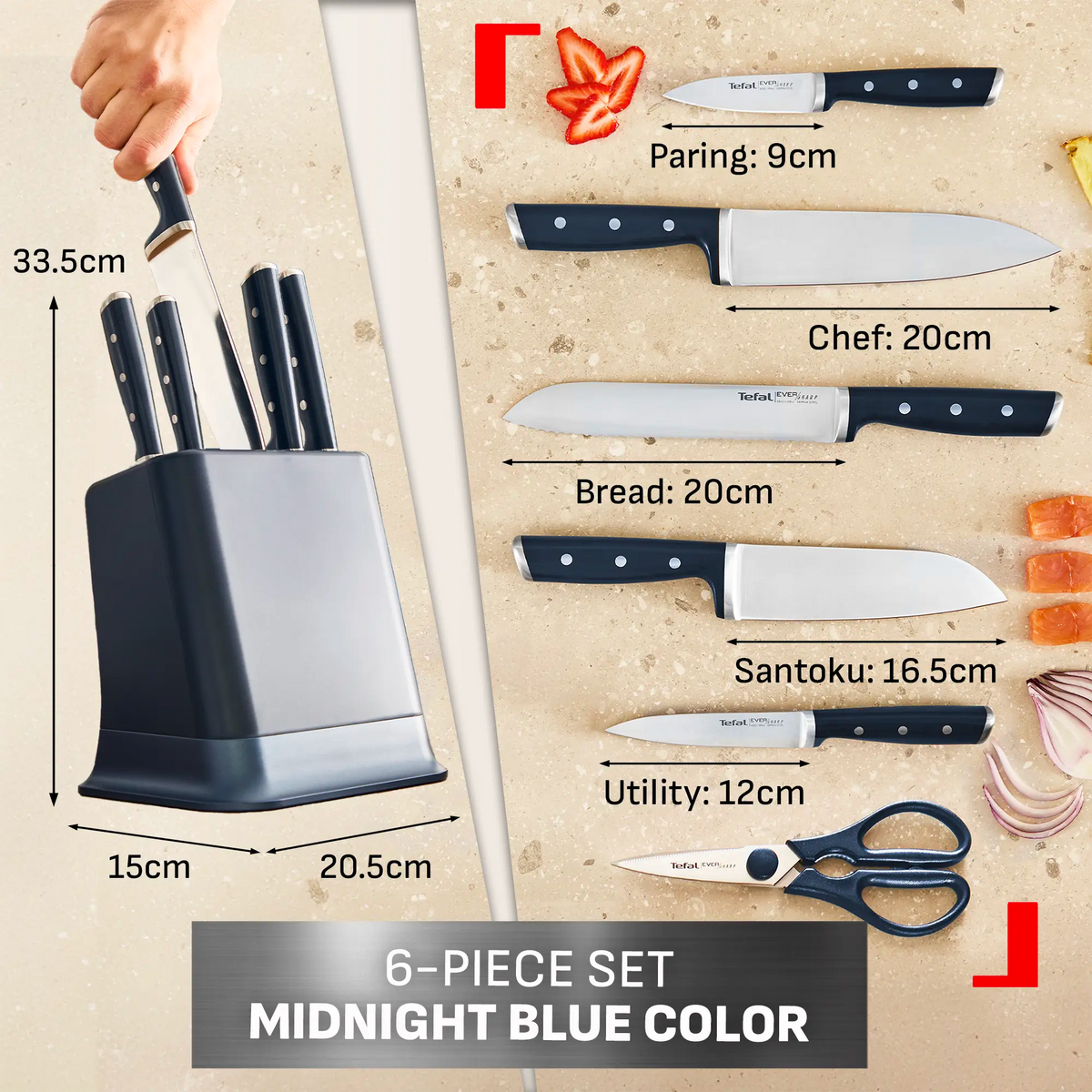 Tefal Eversharp Pro Knife Block 6pc Set + Block with Integrated Sharpener