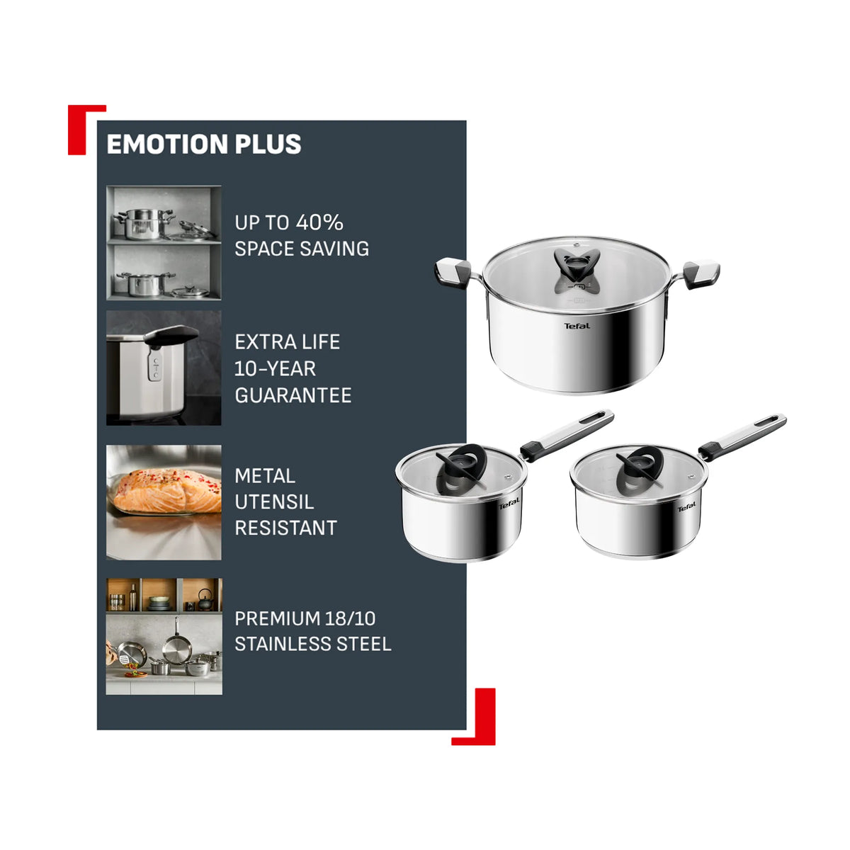 Tefal Emotion+ Induction Stainless Steel Uncoated 3pc Pot Set