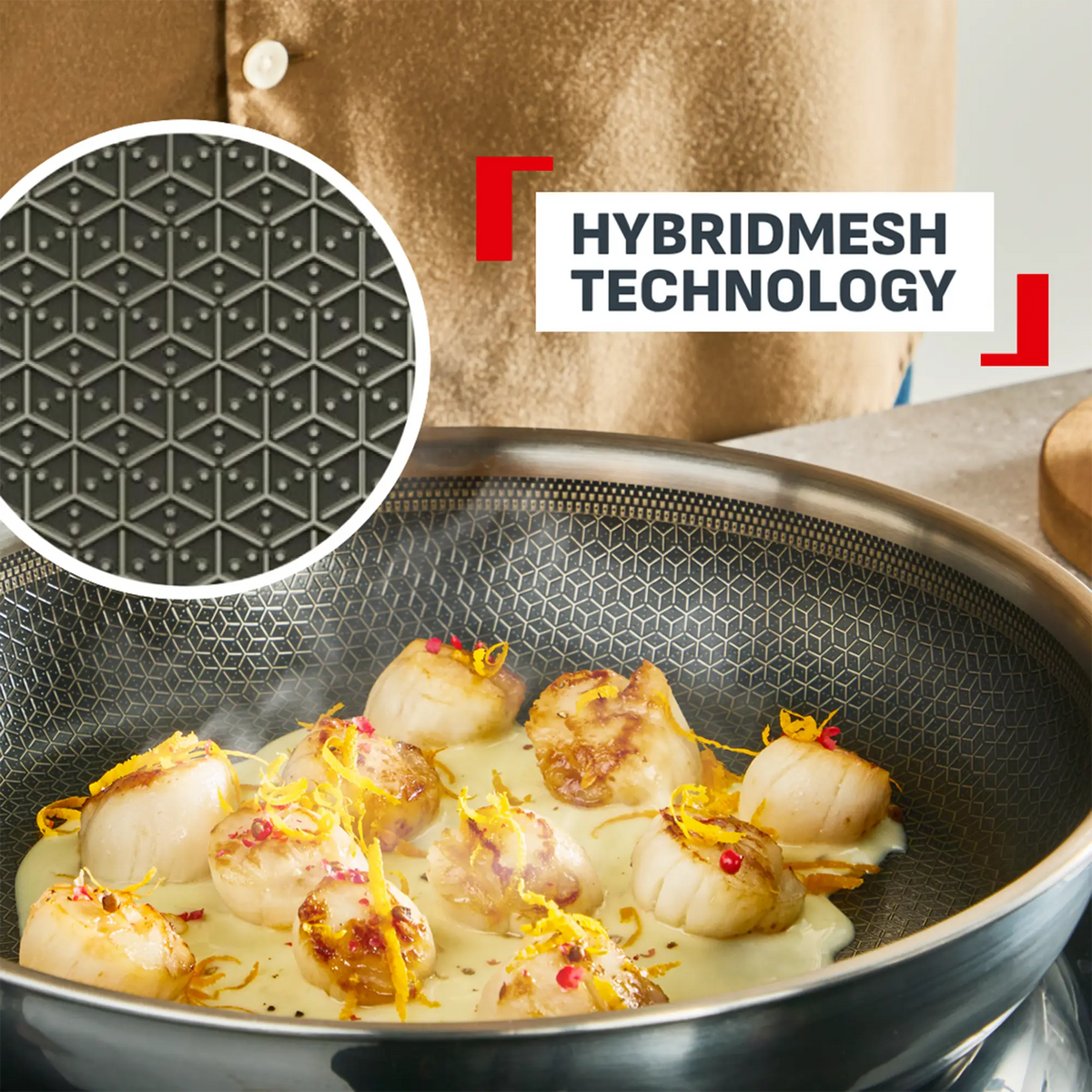 Tefal Master Induction Stainless Steel Ceramic Hybrid Mesh Frypan with hybrid mesh technology