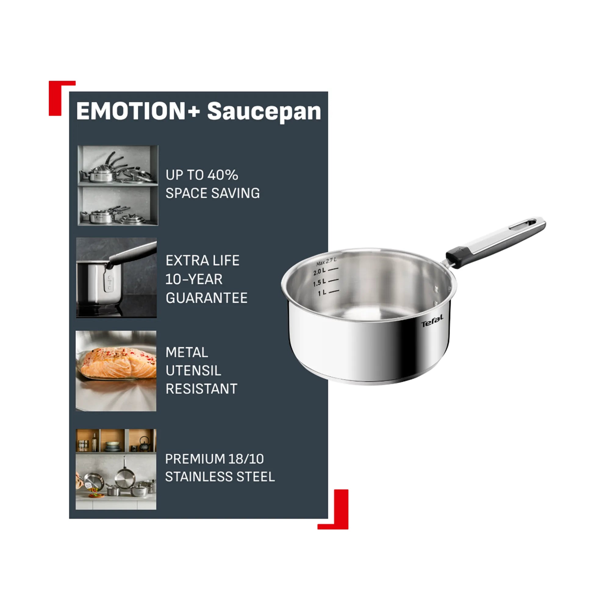 Tefal Space+ Emotion+ Induction Stainless Steel Uncoated Saucepan 16cm + Lid