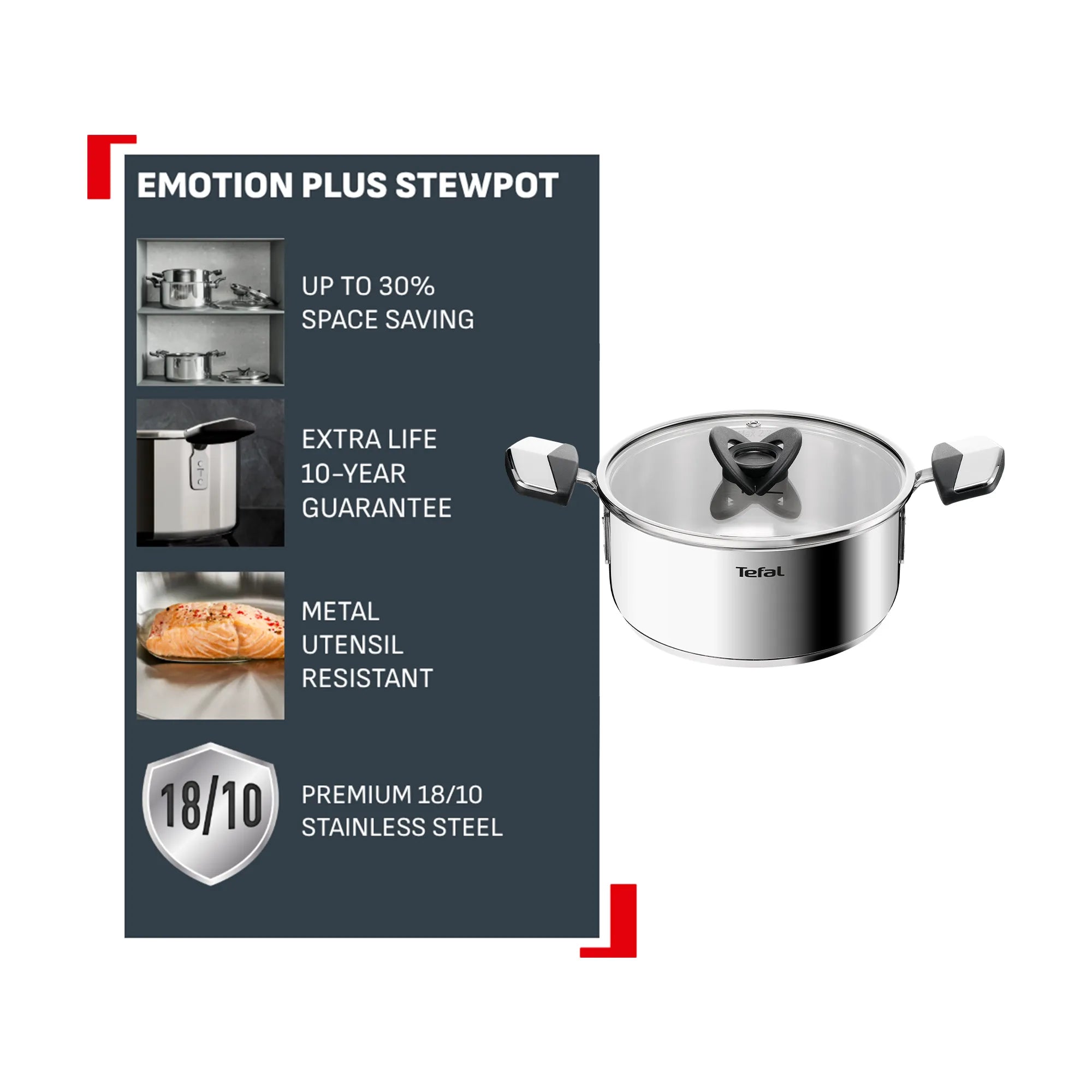 Tefal Space+ Emotion+ Induction Stainless Steel Uncoated Stewpot 20cm + Lid